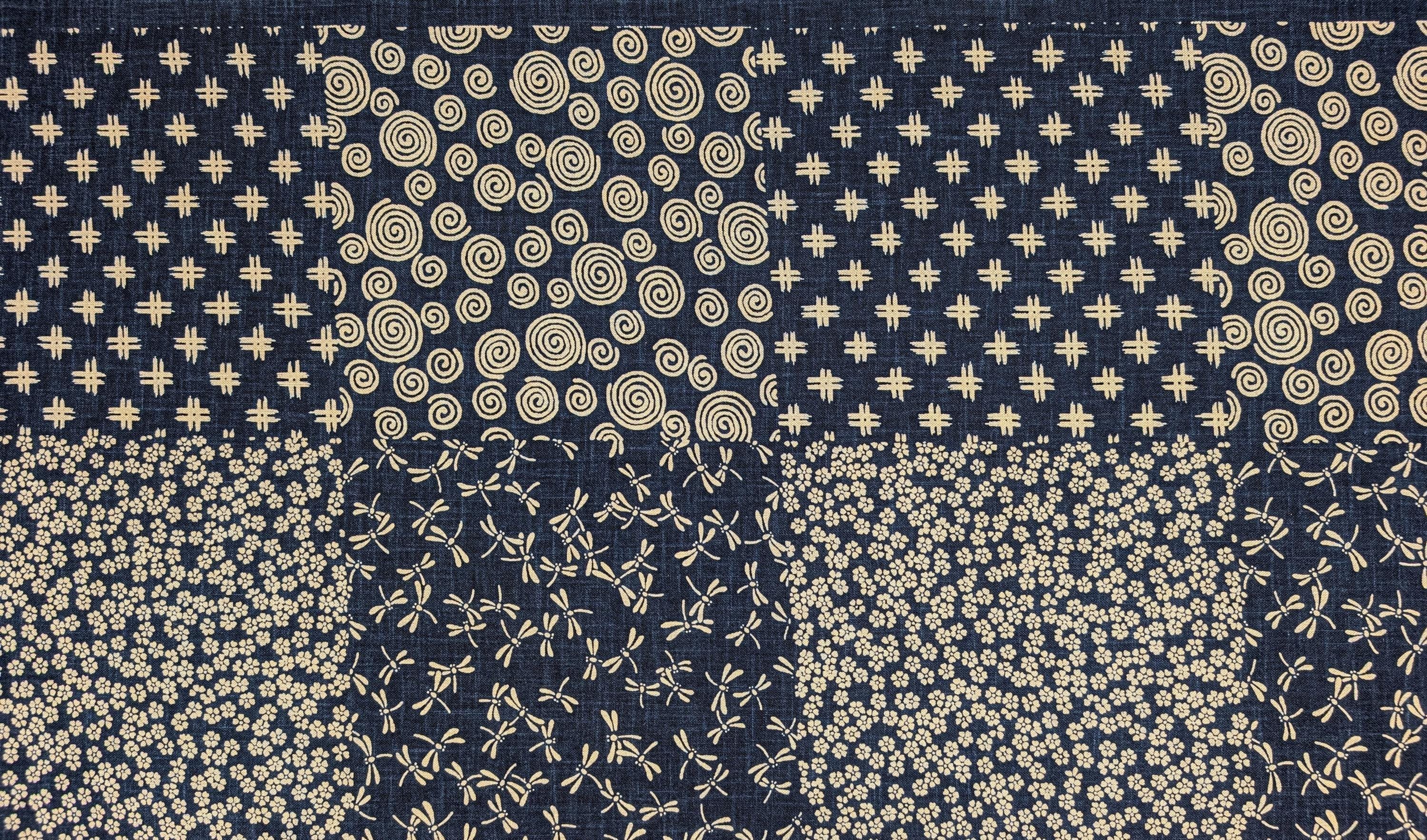 Kurenai - Traditional Blocks Hand Stenciled Cotton Fabric - Dar Blue and Beige