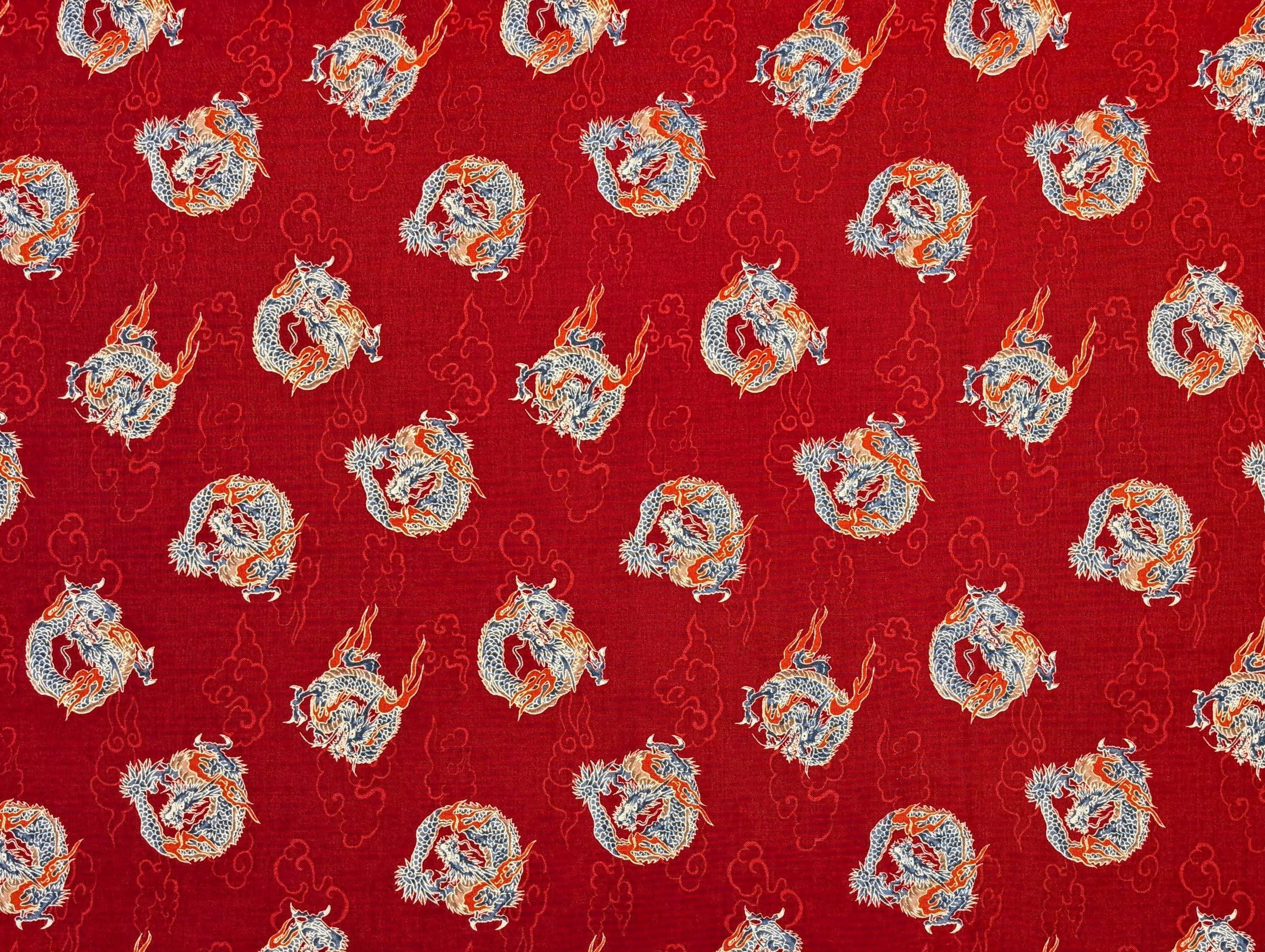 Hishiei - Circling Dragons Cotton Fabric - Red