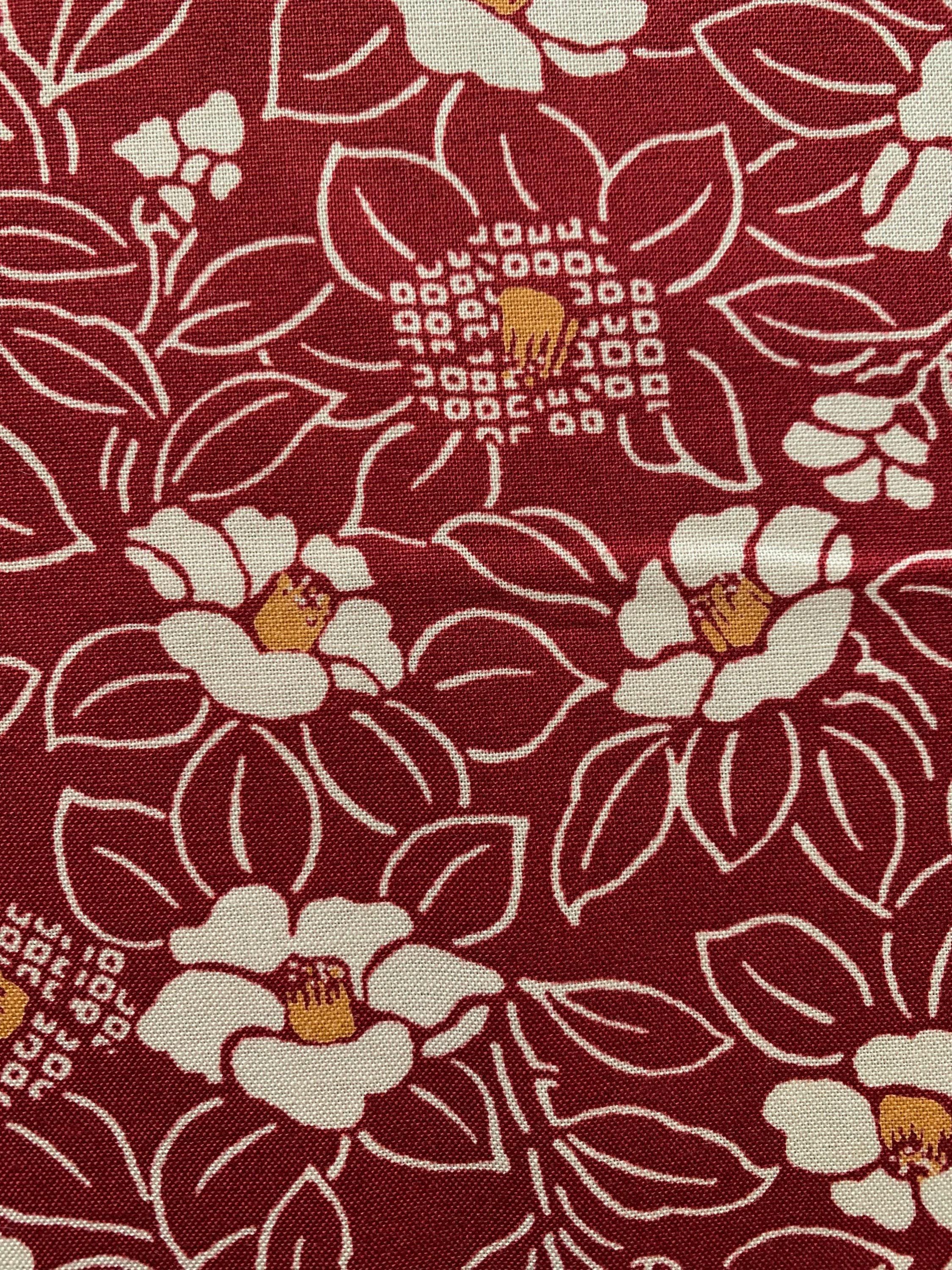 Kurenai - Blooming Camellias Cotton Fabric - Beige Red Orange