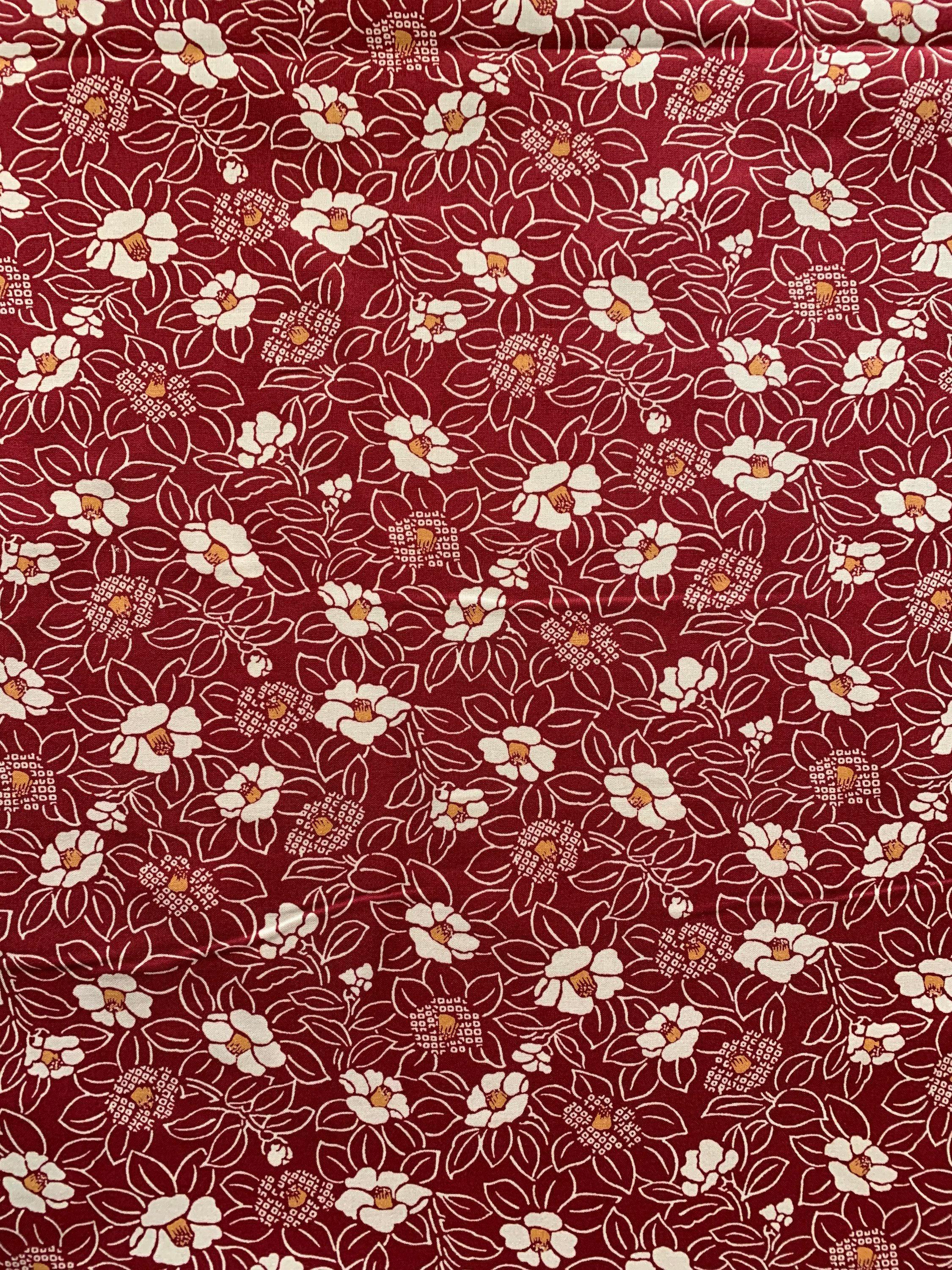 Kurenai - Blooming Camellias Cotton Fabric - Beige Red Orange