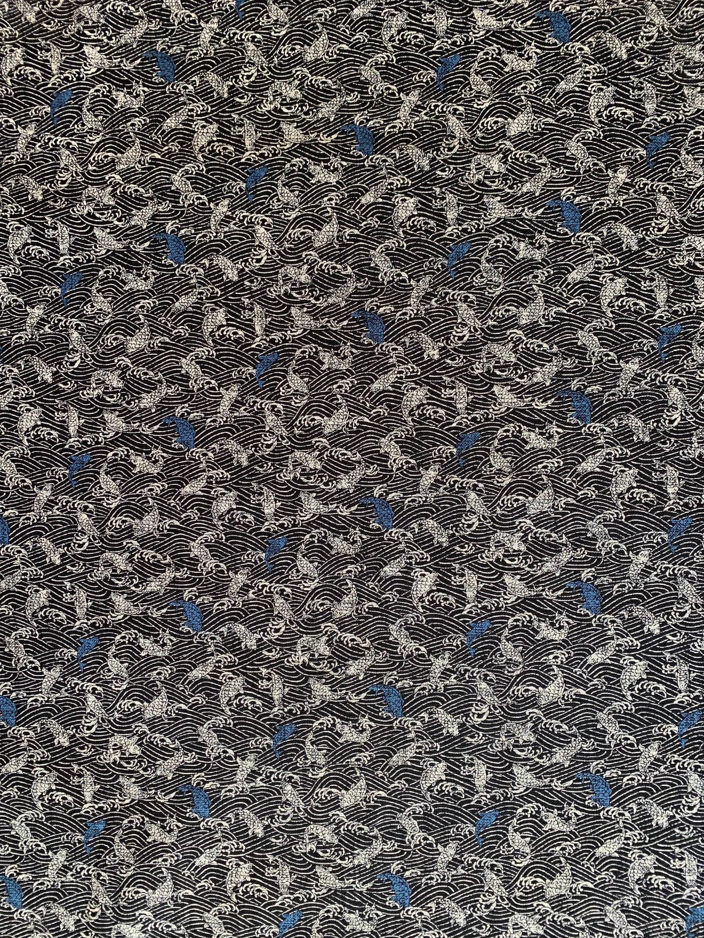 Sevenberry - Koi Carp Fish and Waves Cotton Fabric - Black Beige Blue