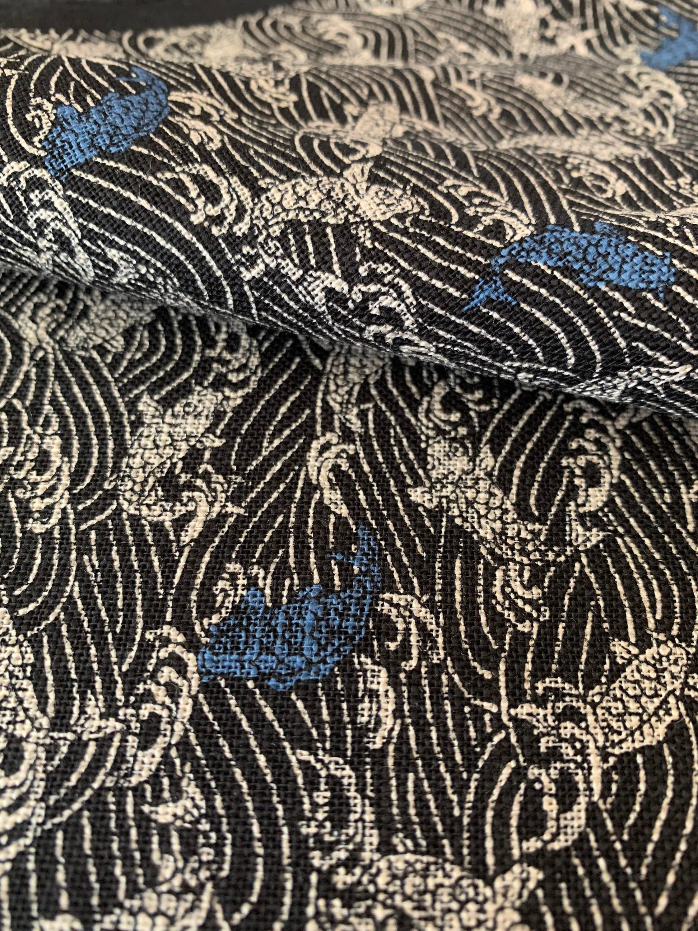 Sevenberry - Koi Carp Fish and Waves Cotton Fabric - Black Beige Blue