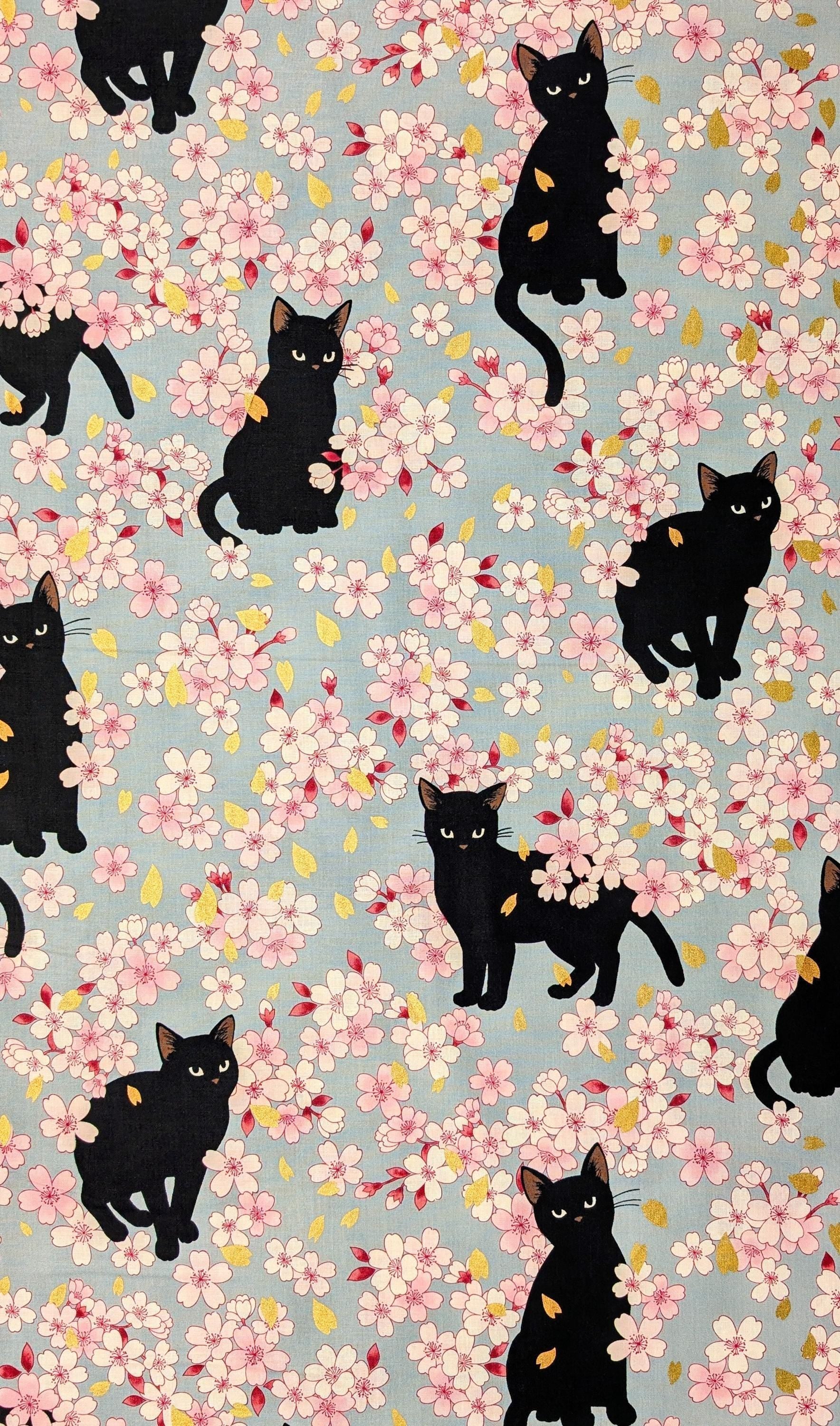 QuiltGate - Hyakka Ryoran Black Cats and Cherry Blossoms Cotton Fabric - Light Blue