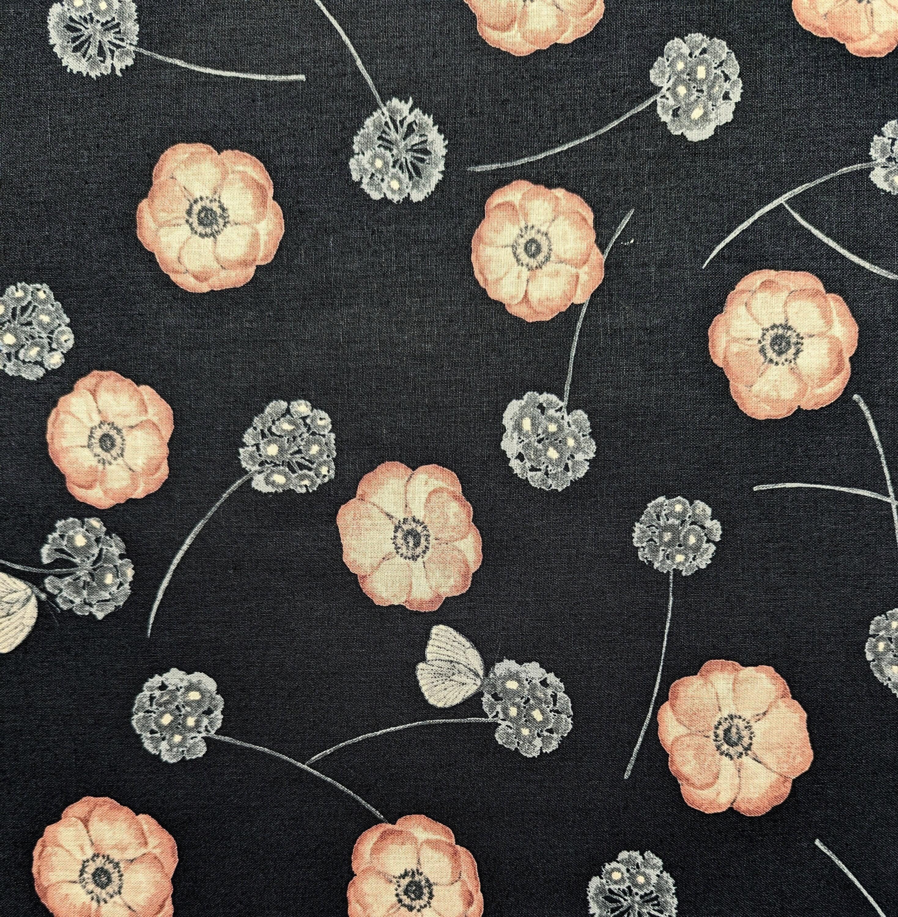 Koizumi - Poppies and Butterflies Cotton/Linen Blend - Black