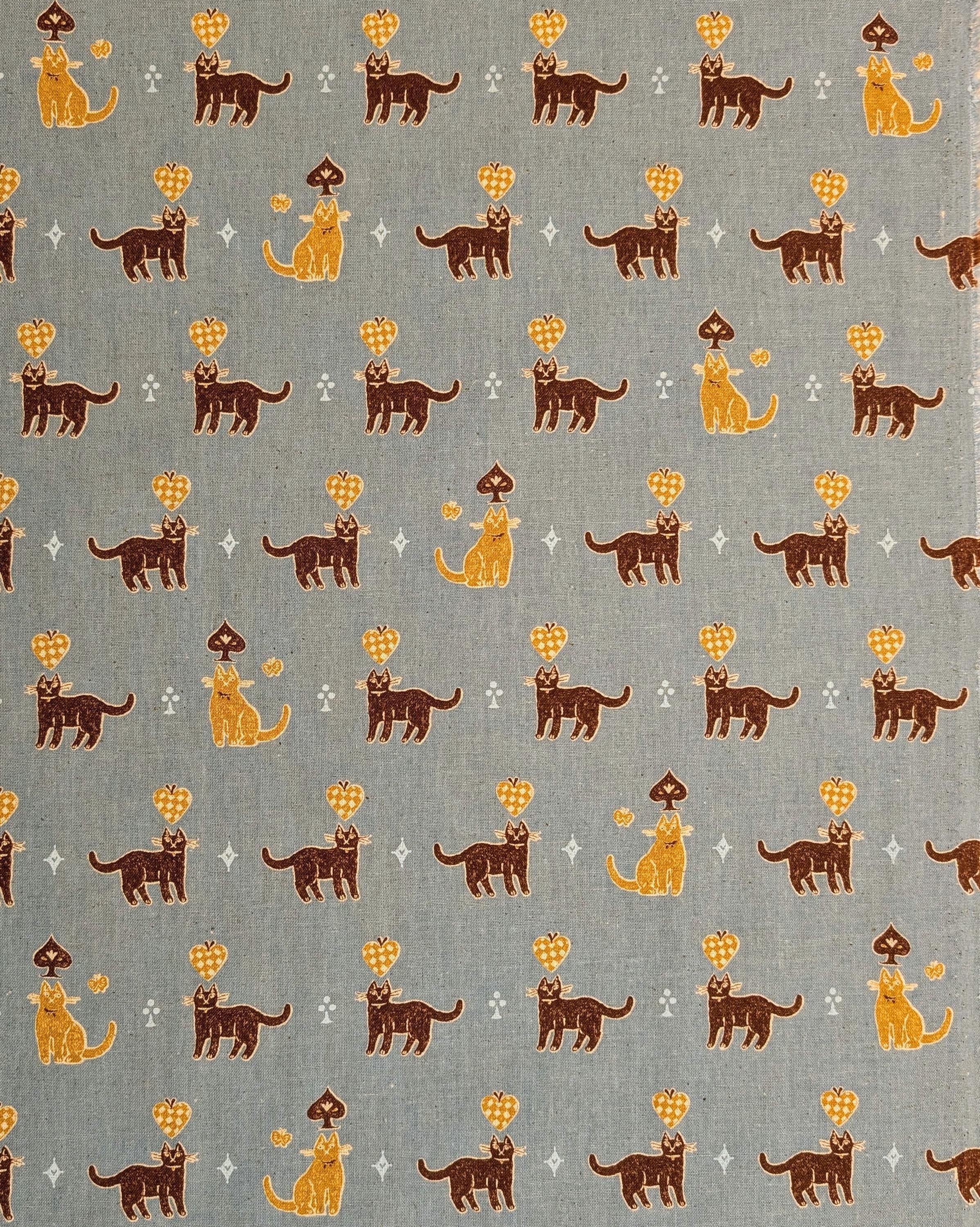 Kokka - Solitaire Cats Cotton/Linen Fabric - Teal Blue