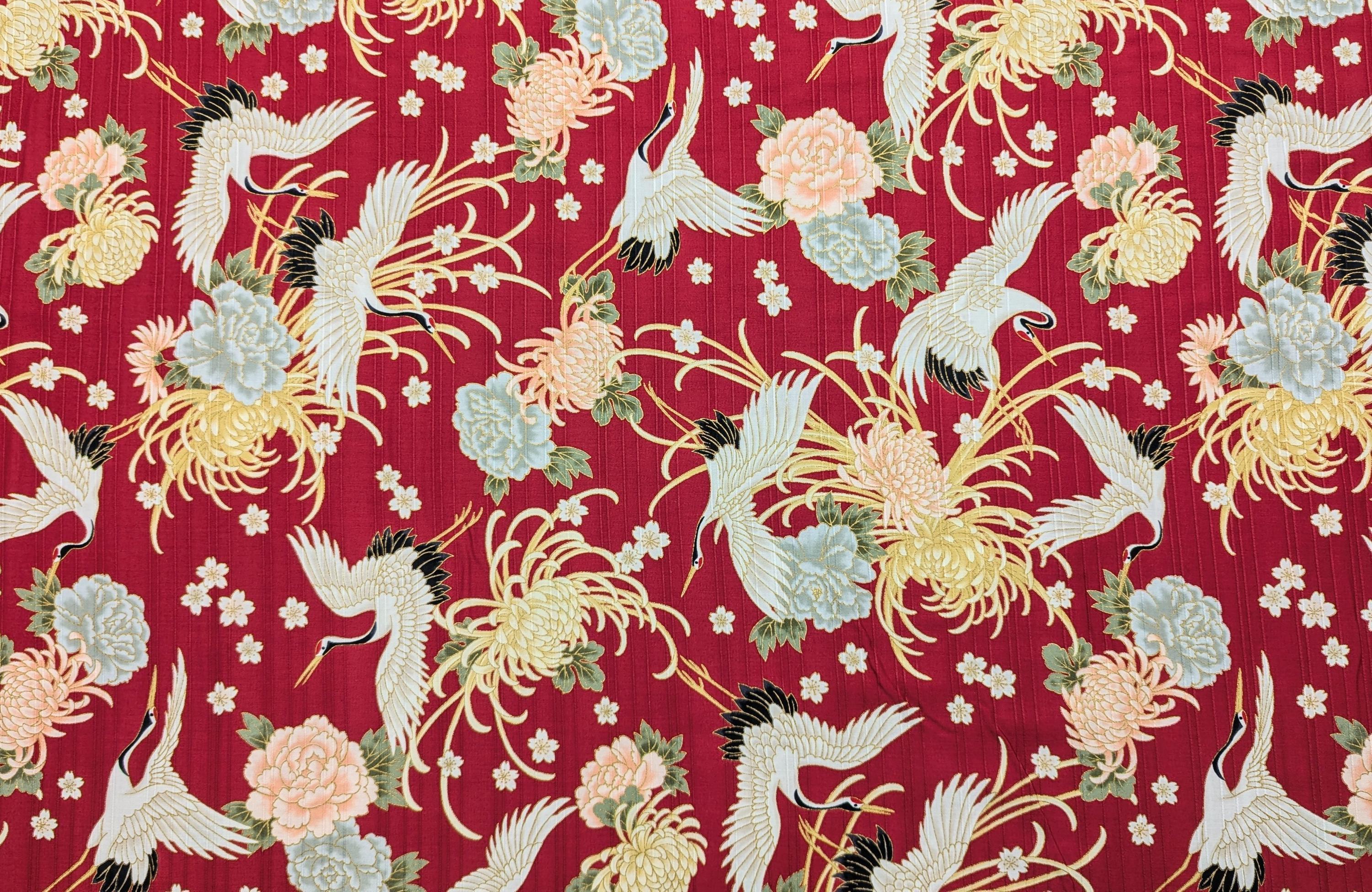Cosmo - Cranes and Flowers Cotton Shantung - Red