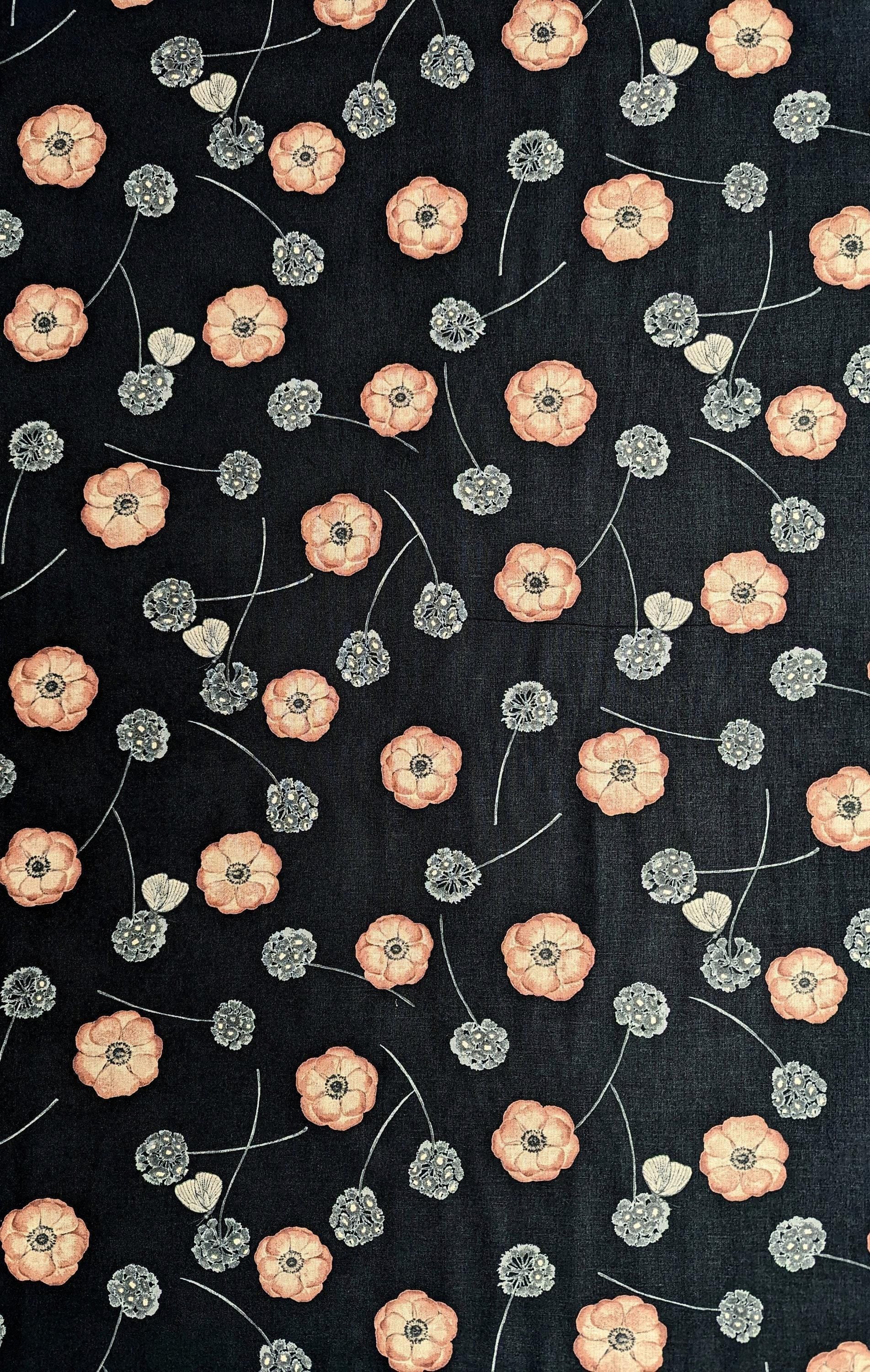 Koizumi - Poppies and Butterflies Cotton/Linen Blend - Black