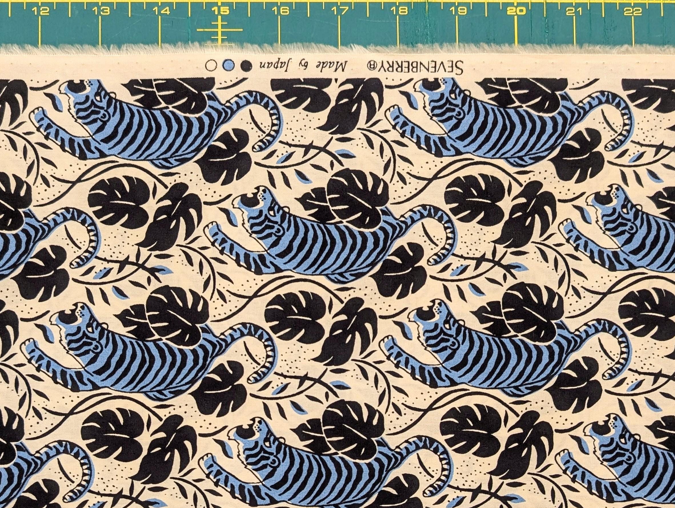Sevenberry - Jungle Tigers Cotton Fabric - Off-White and Light Blue
