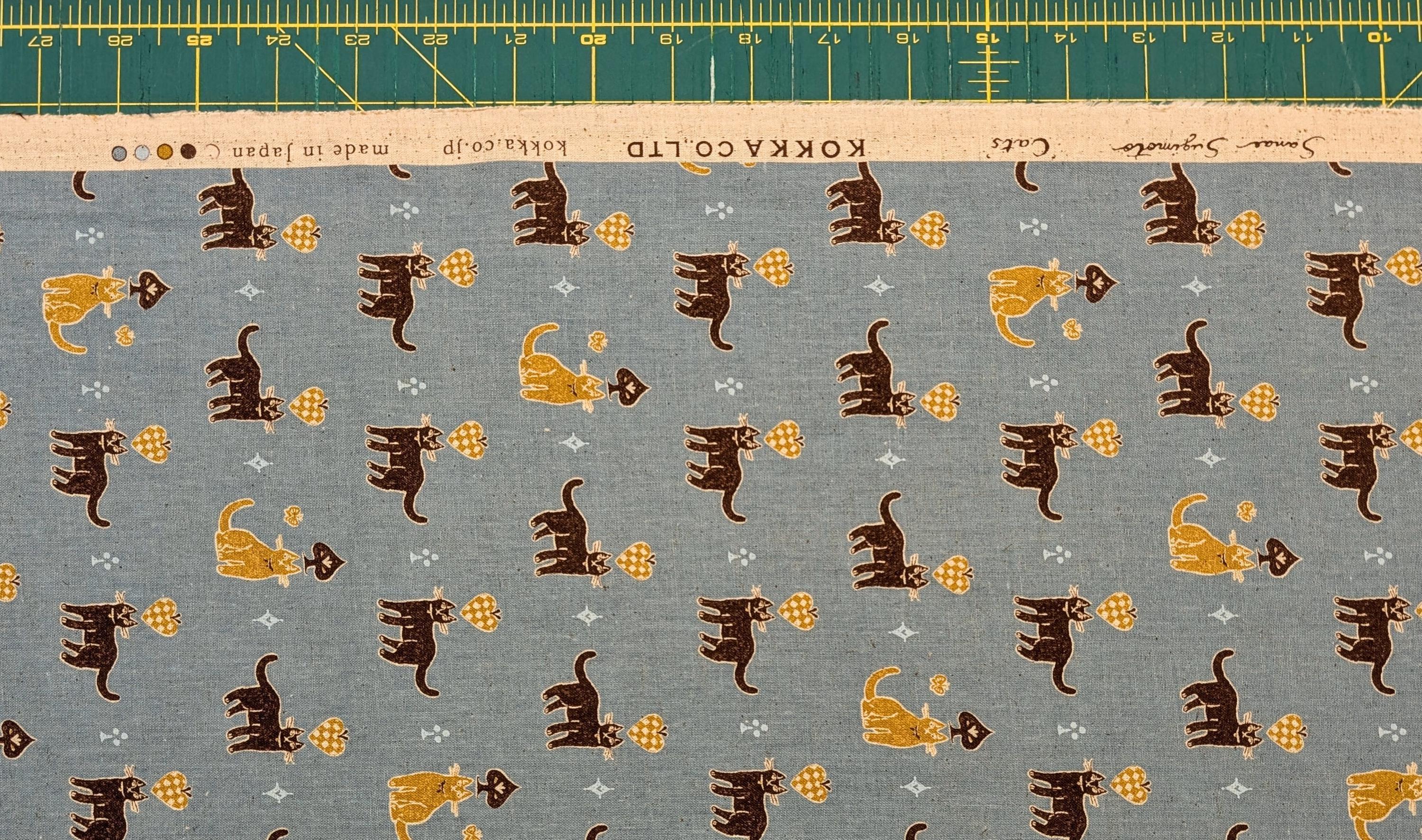 Kokka - Solitaire Cats Cotton/Linen Fabric - Teal Blue