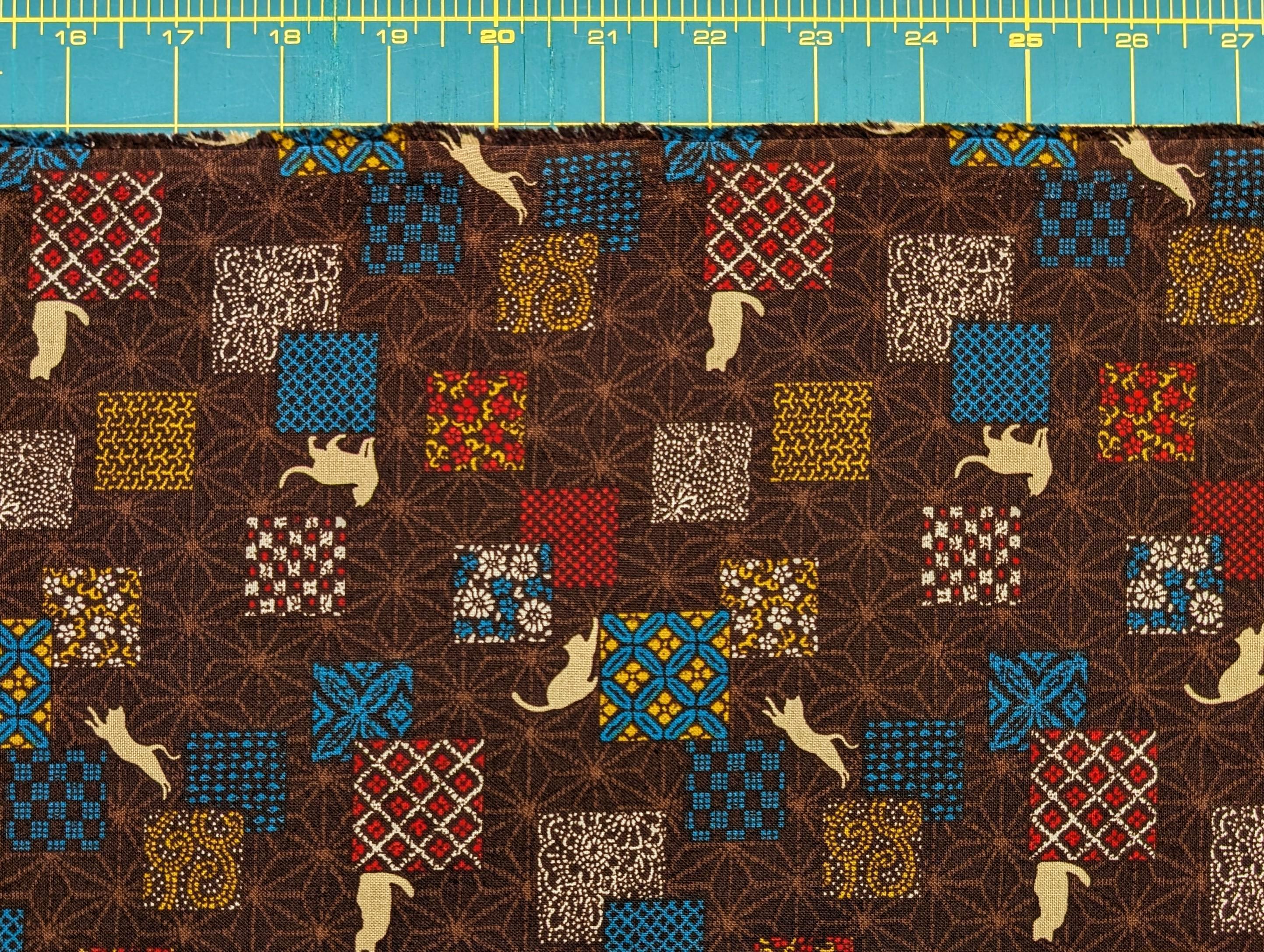 Orimono Imports - Patchwork Cats Cotton Fabric - Brown