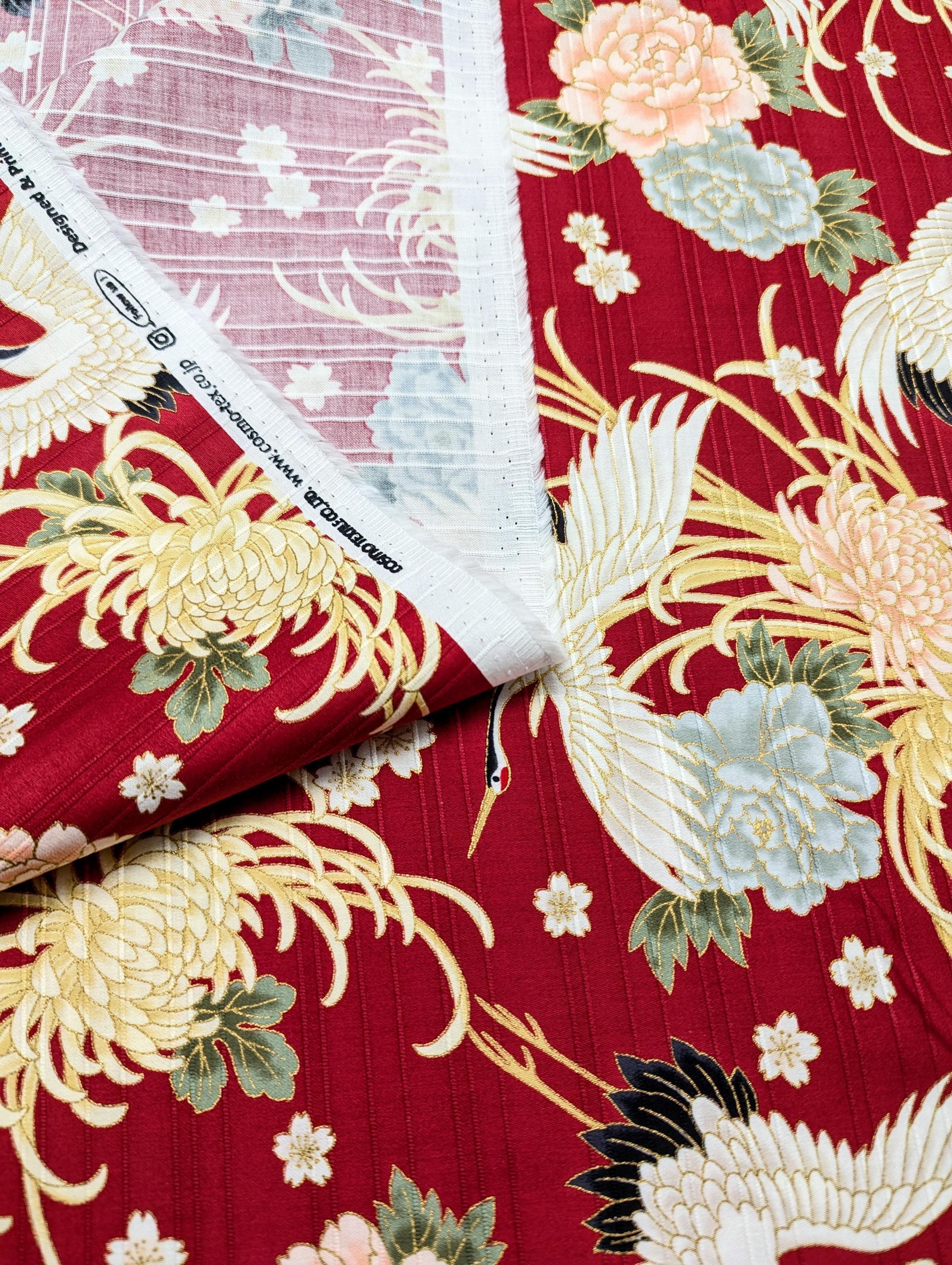 Cosmo - Cranes and Flowers Cotton Shantung - Red