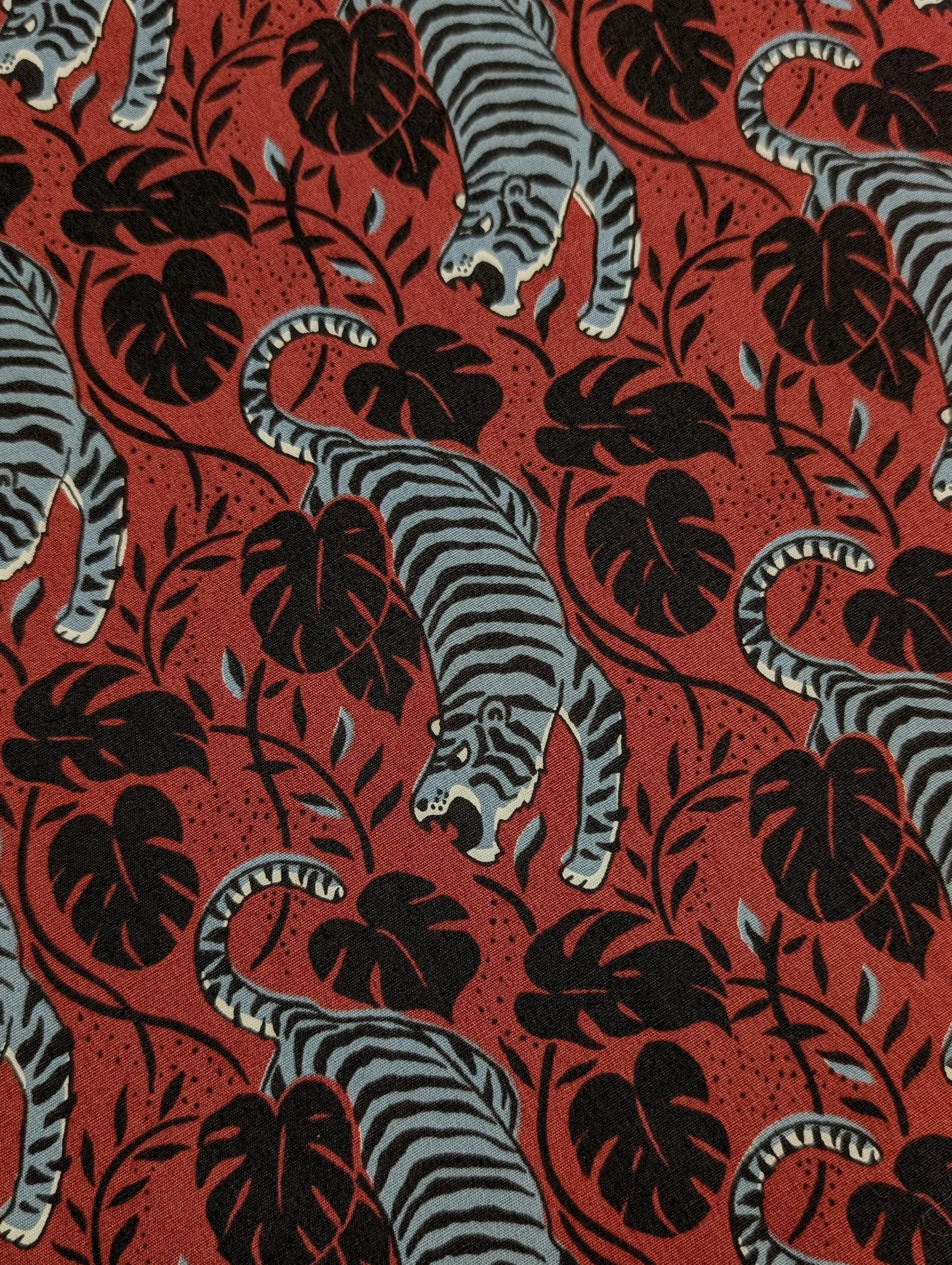 Sevenberry - Jungle Tigers Cotton Fabric - Red and Gray