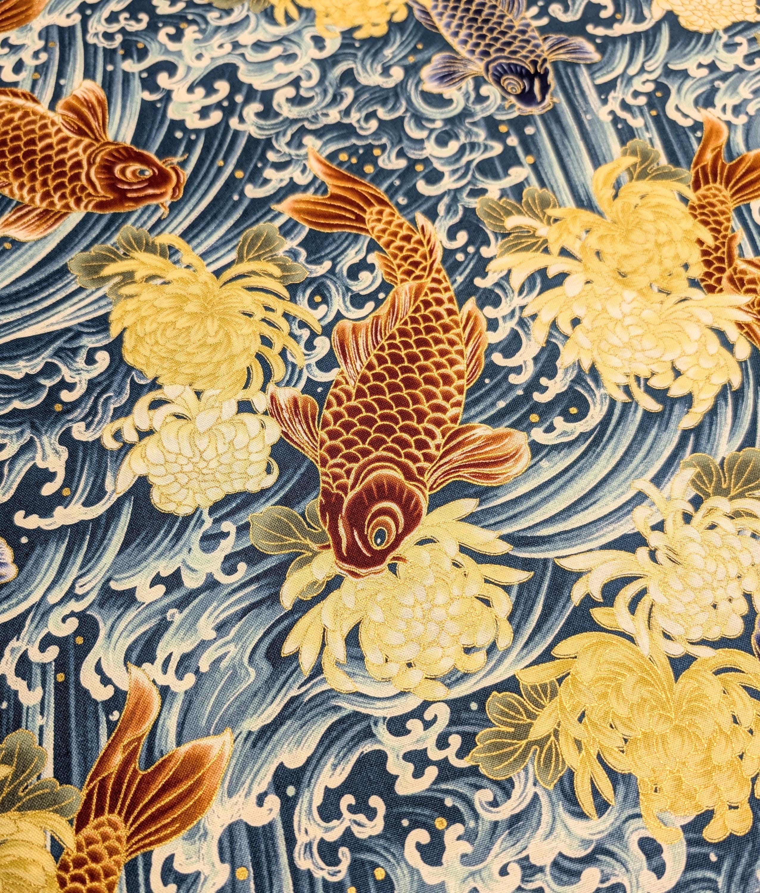 QuiltGate - Hyakka Ryoran Koi and Chrysanthemum Cotton Fabric - Teal