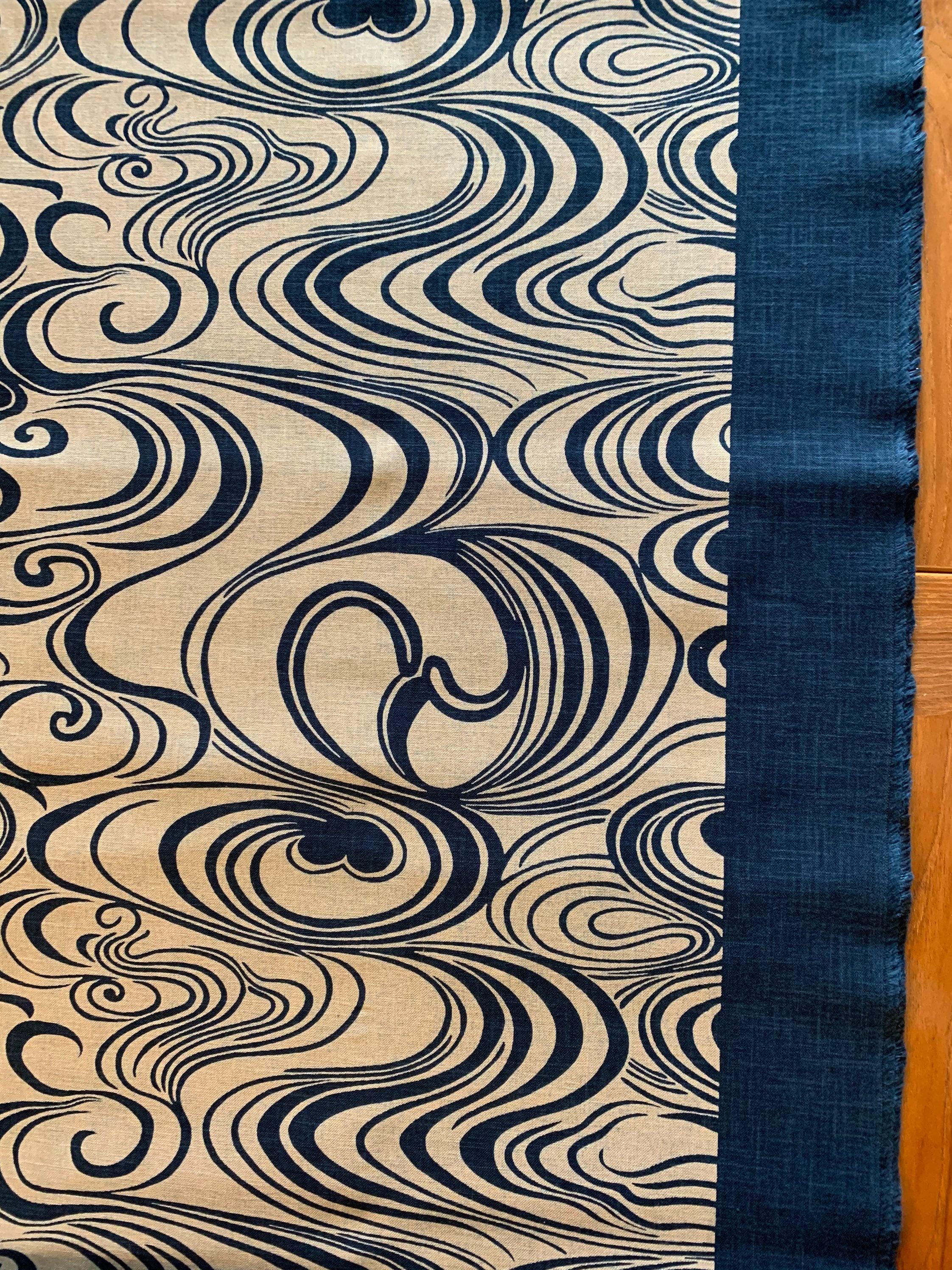 Kurenai - Hand Stenciled Waves and Swirls Cotton - Beige Navy Blue Indigo