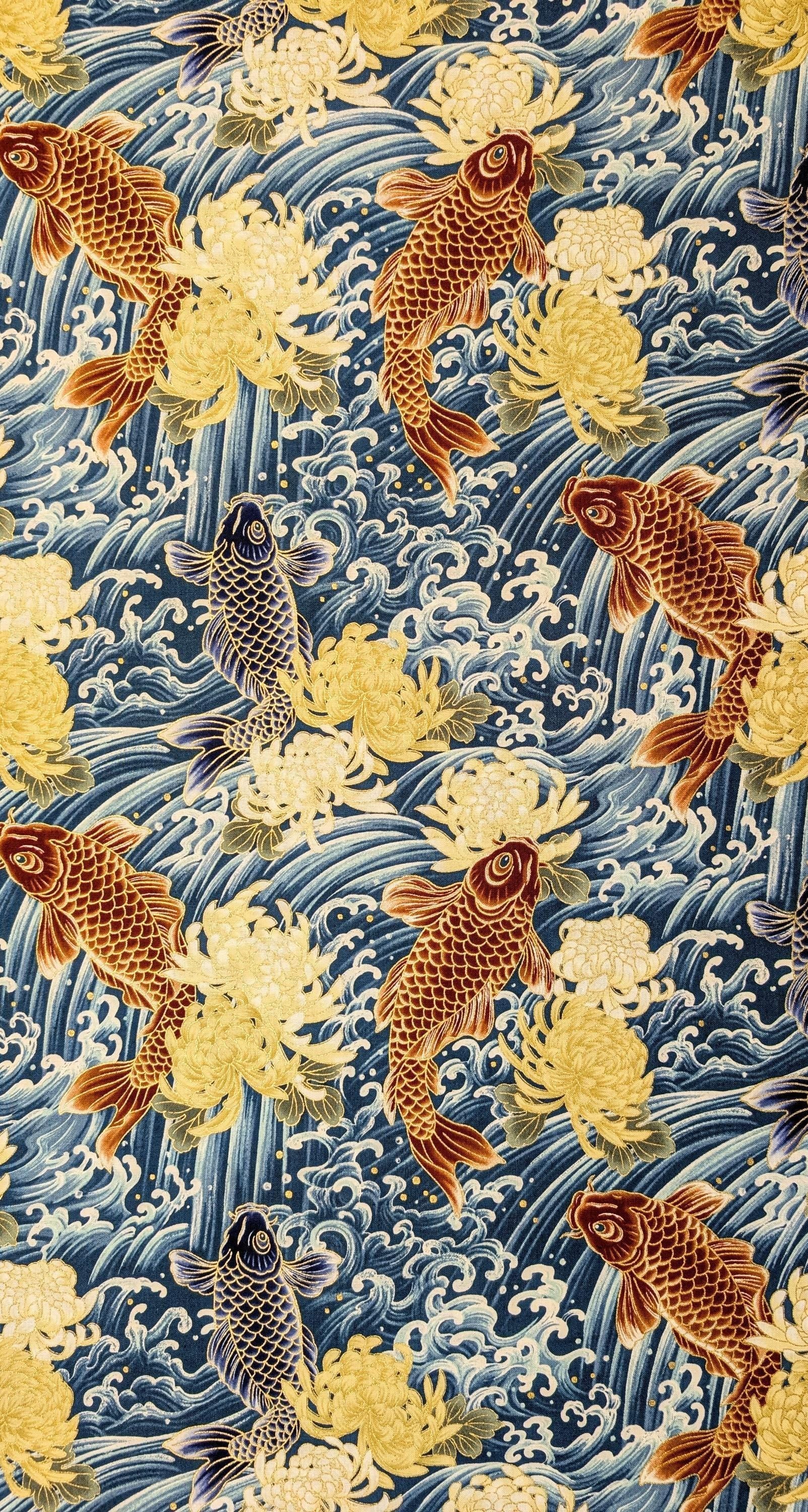 QuiltGate - Hyakka Ryoran Koi and Chrysanthemum Cotton Fabric - Teal