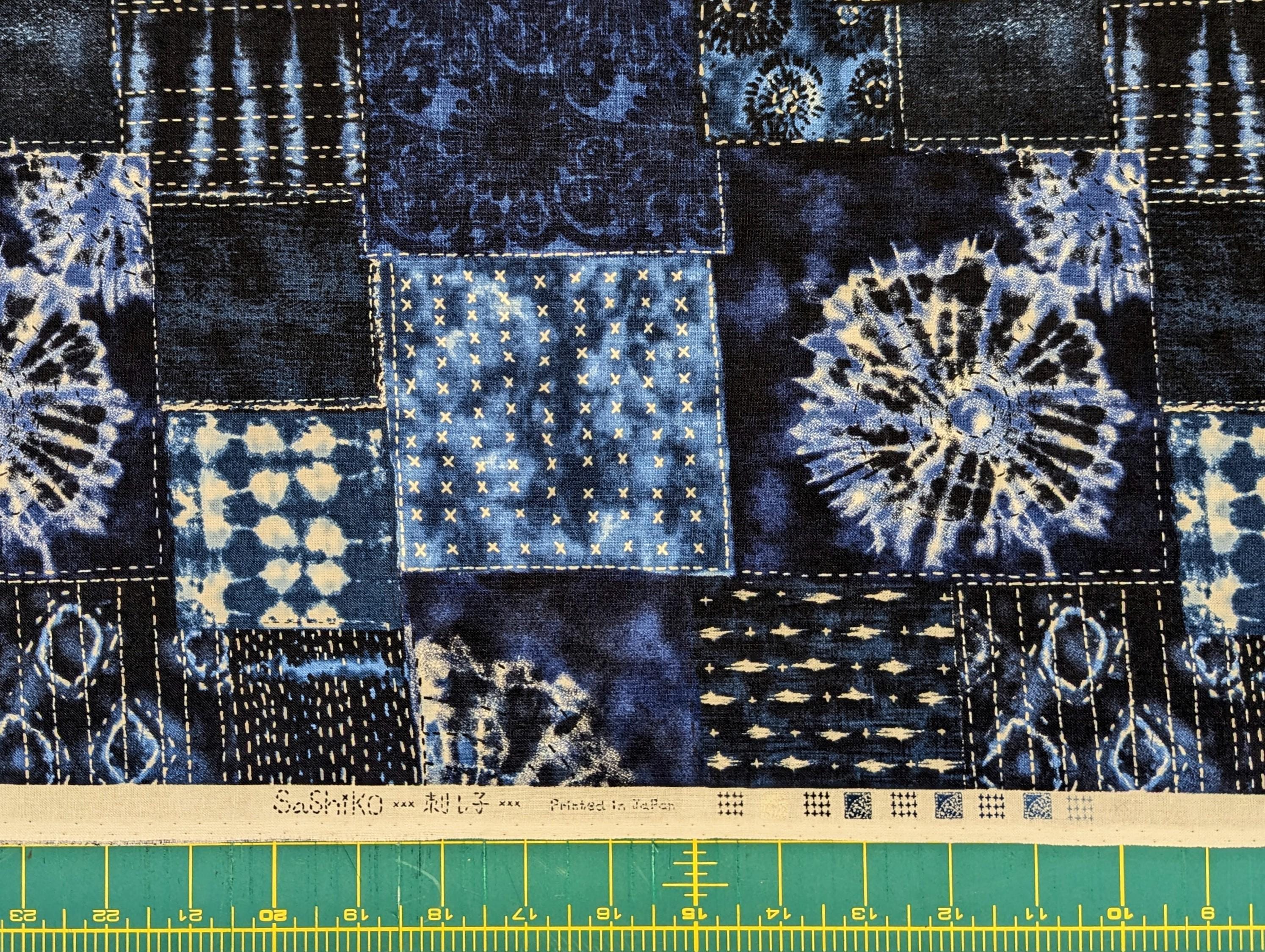 Senyo - Printed Shibori Sashiko Patchwork Cotton Fabric - Dark Blue