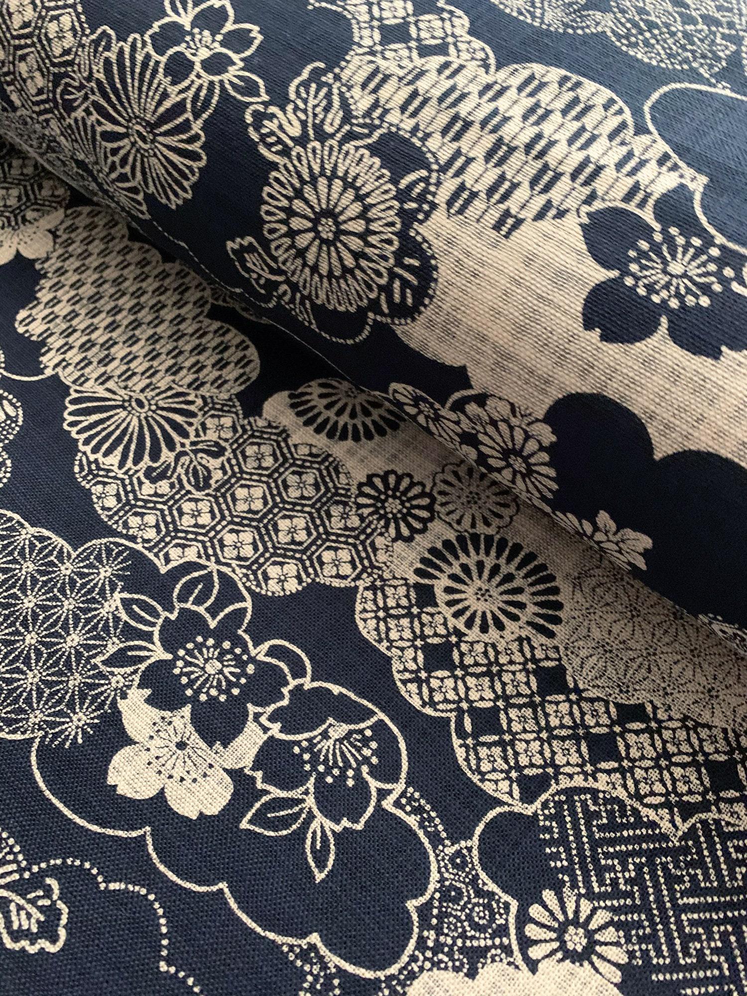 Sevenberry Cherry Blossom Clouds in indigo navy blue beige Japanese cotton fabric 88334-2-1