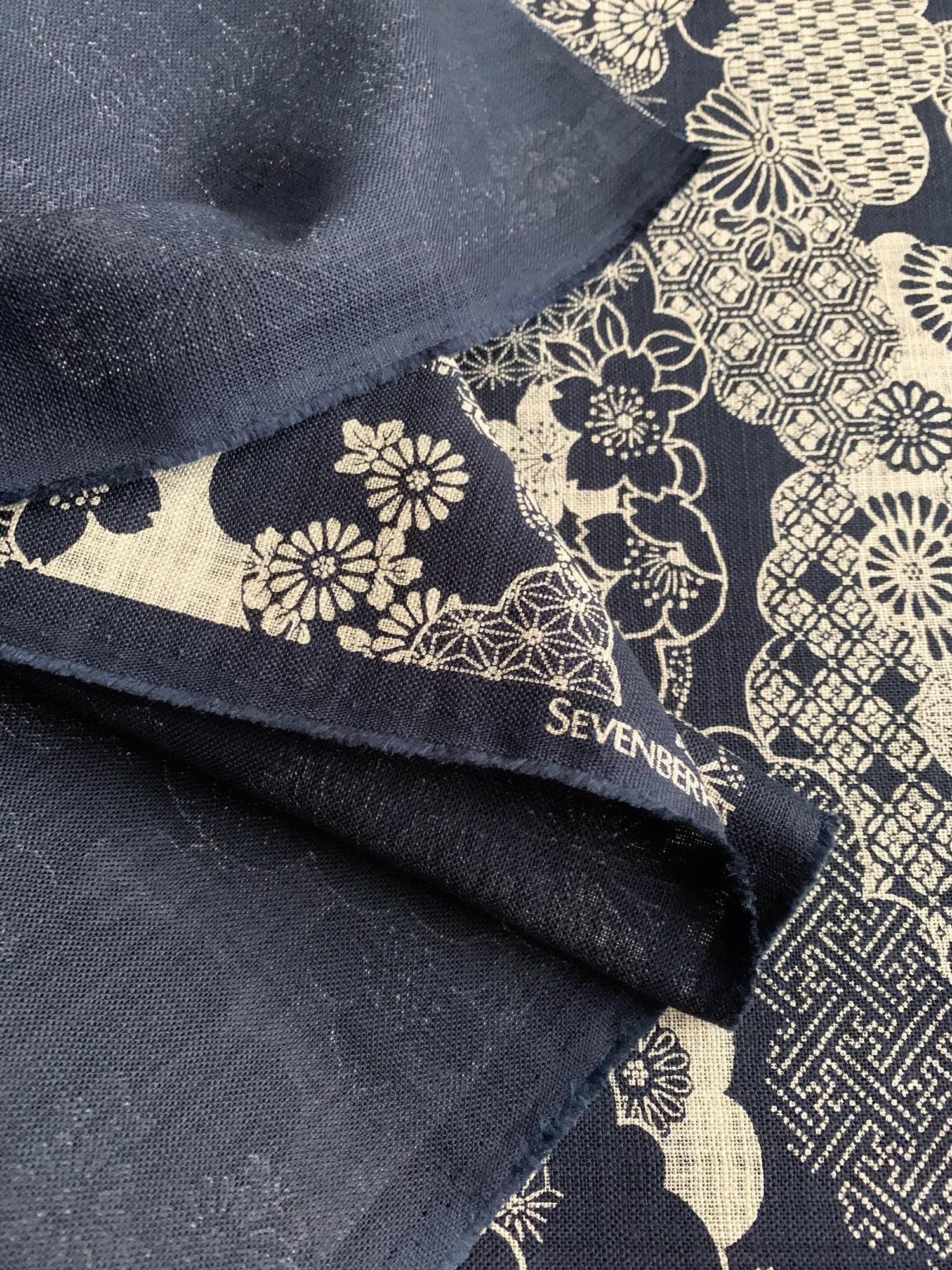 Sevenberry Cherry Blossom Clouds in indigo navy blue beige Japanese cotton fabric 88334-2-1
