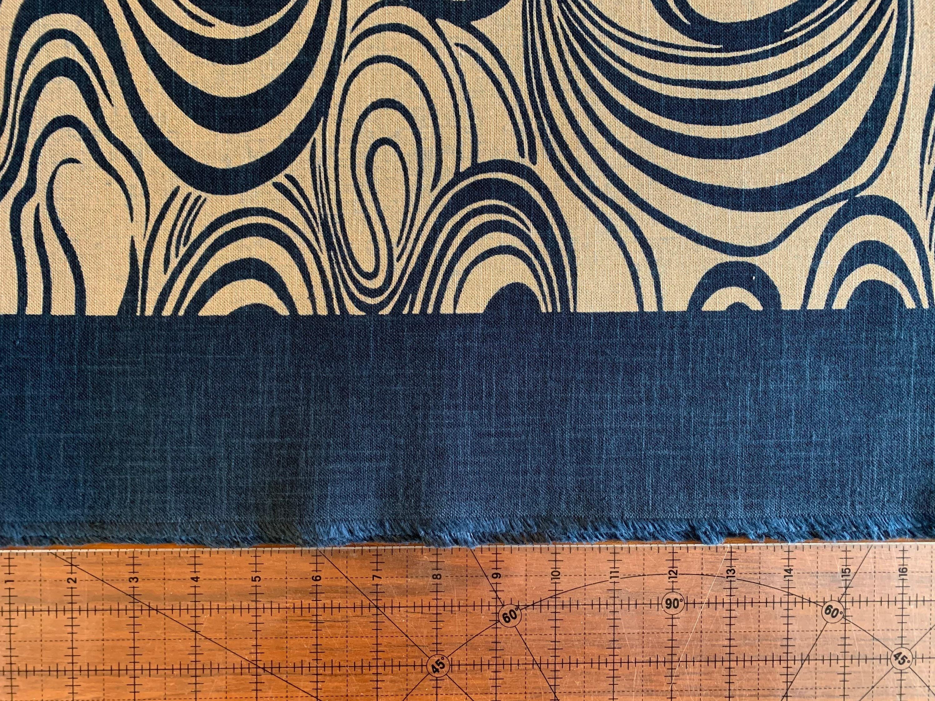 Kurenai - Hand Stenciled Waves and Swirls Cotton - Beige Navy Blue Indigo