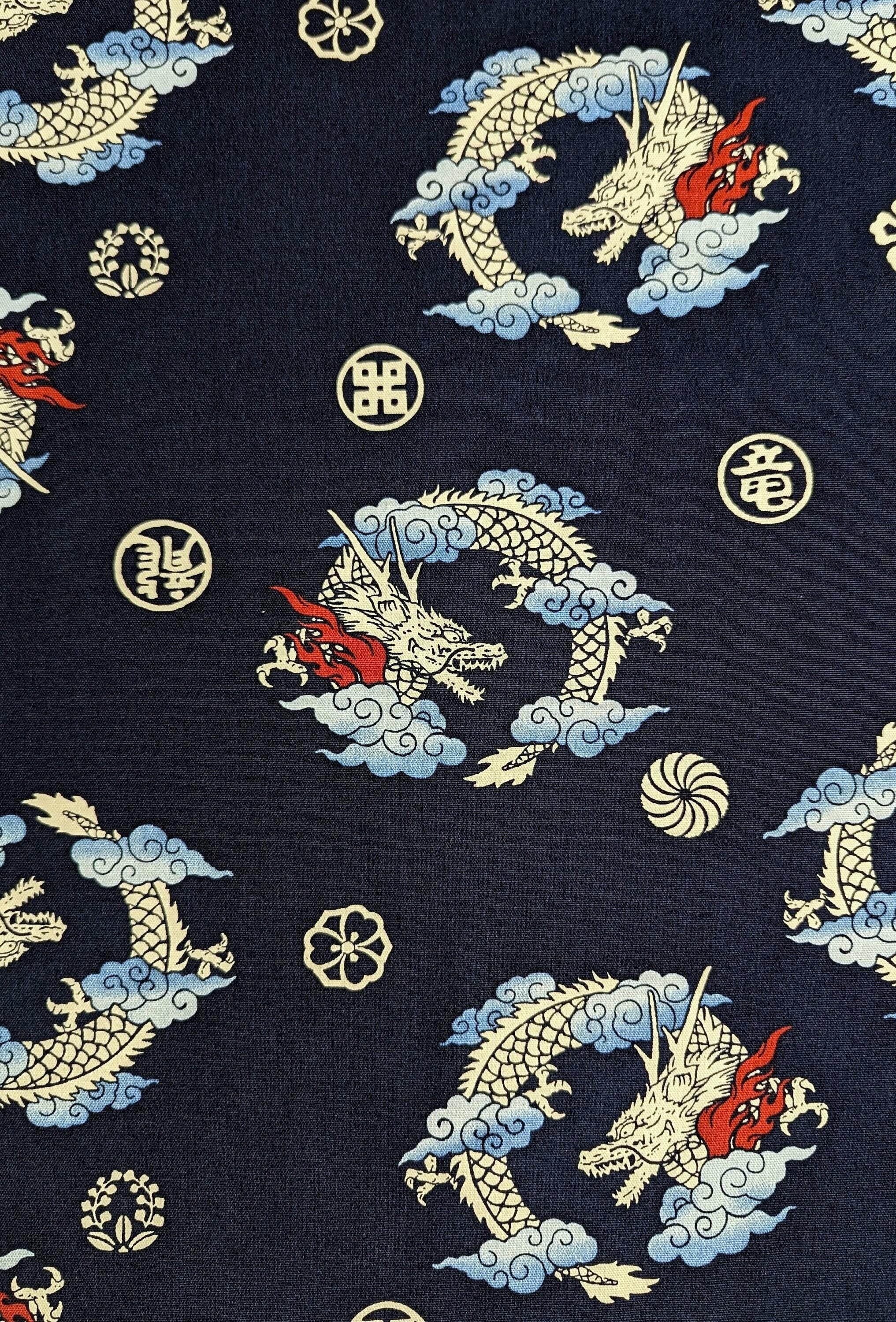 Circling Dragons Tak - Cotton Oxford Canvas - Navy
