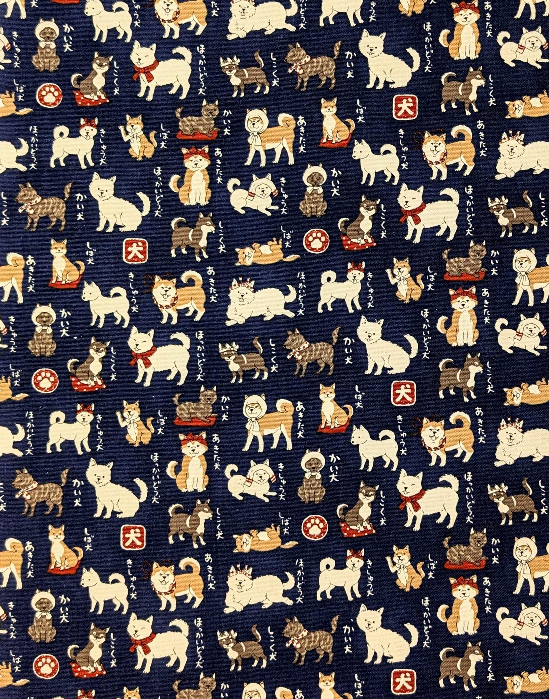 Kokka - Shiba Inu Trèfle Cotton Oxford - Navy