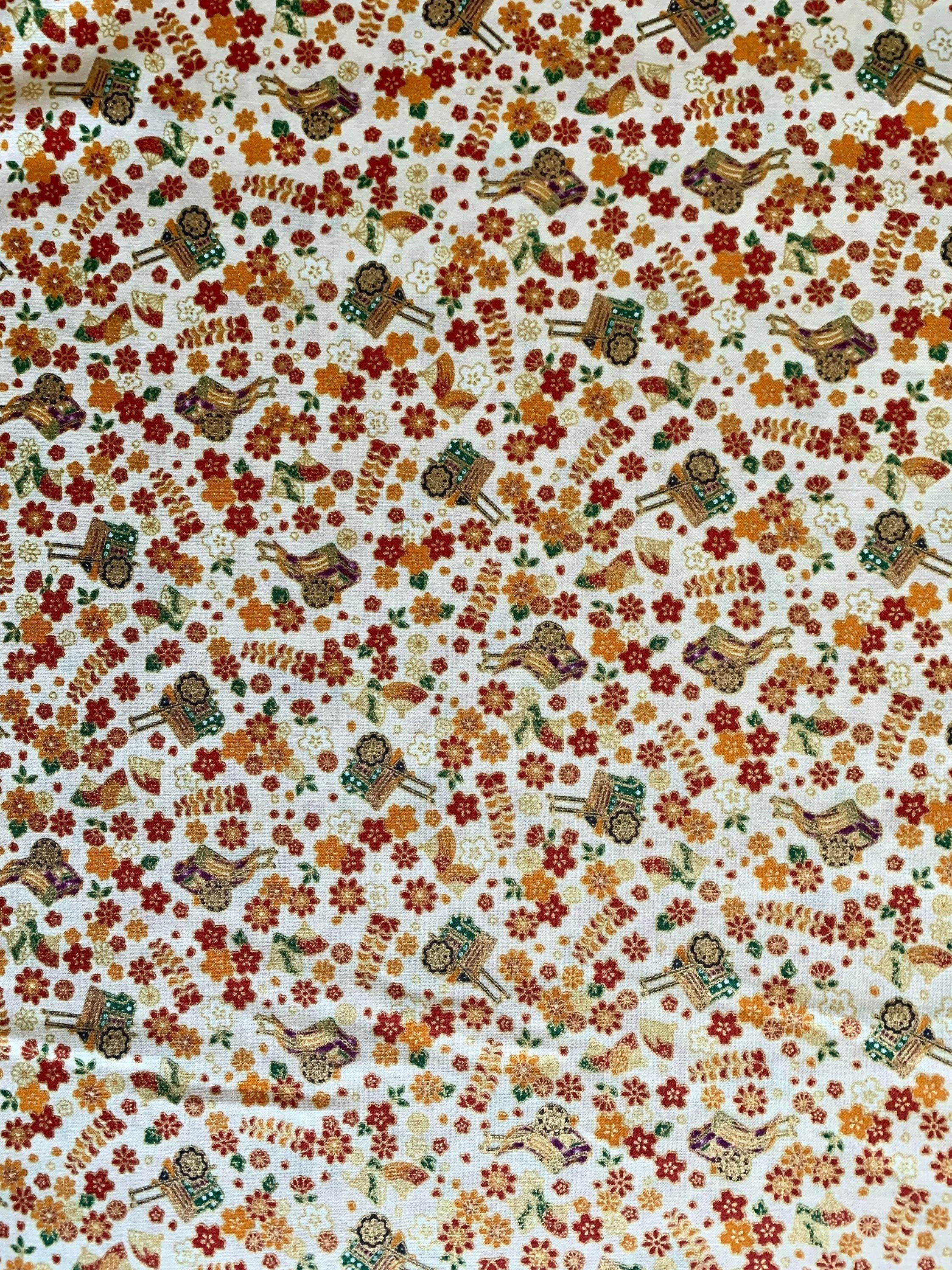 Naka - Royal Carts and Blossoms Cotton Fabric - Cream Gold