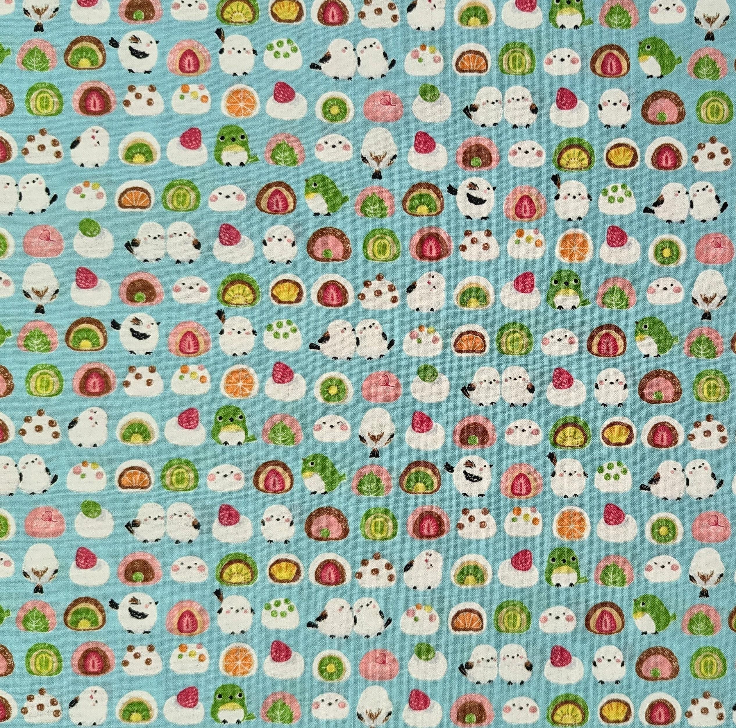 Senyo - Chickadees and Mochi Cotton Fabric - Teal Blue