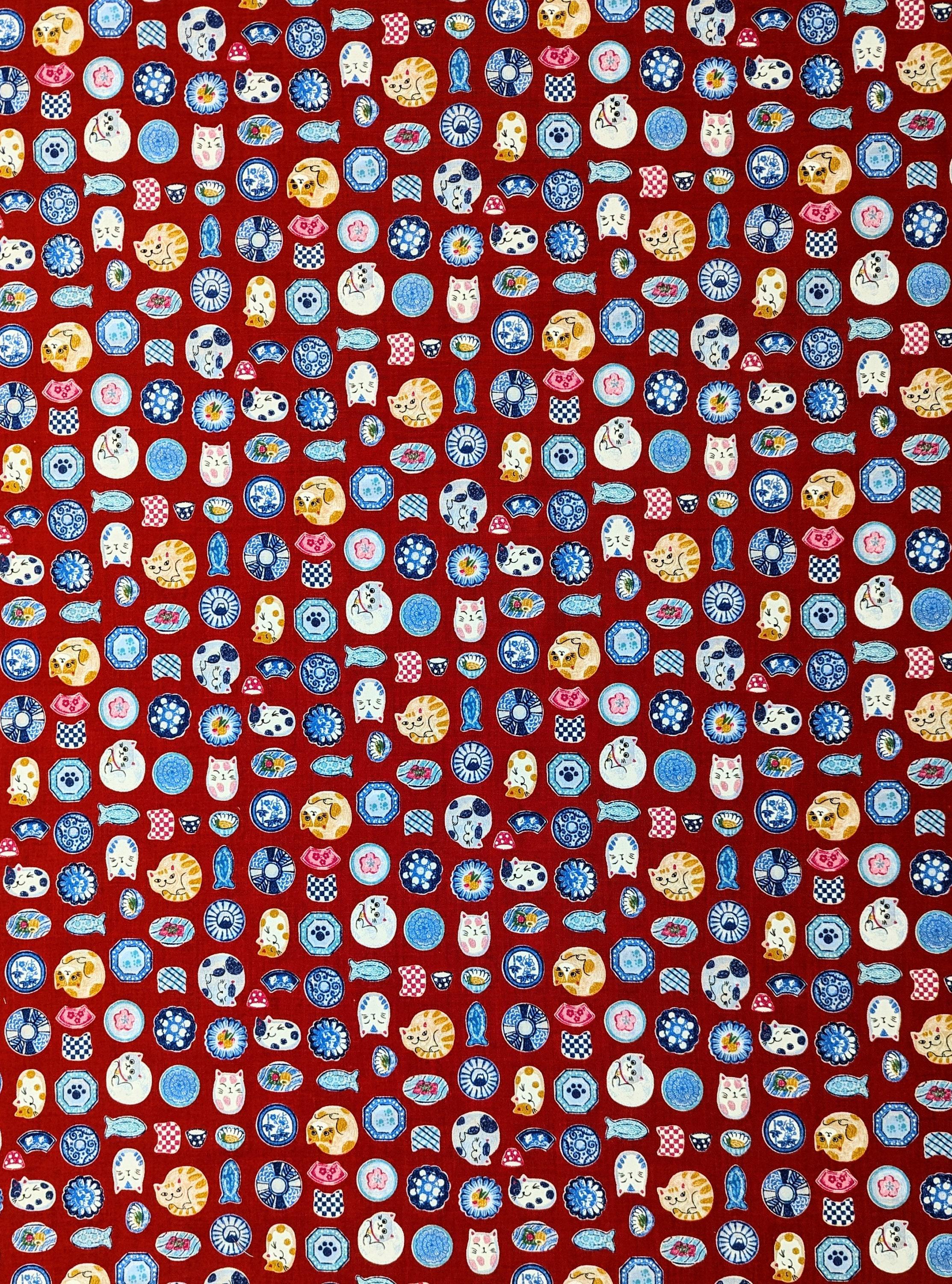 Senyo - Porcelain Cats Cotton Fabric - Red