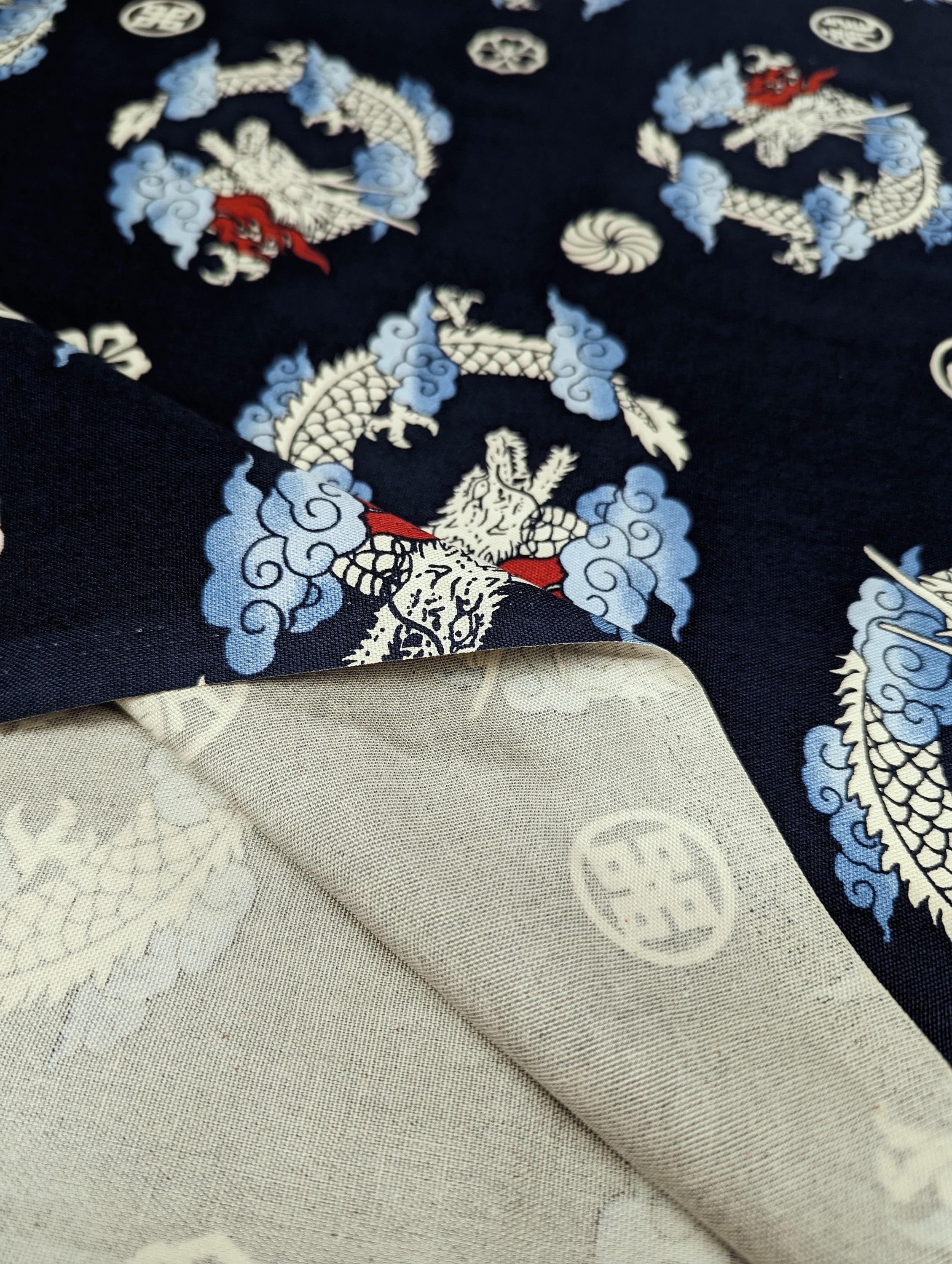 Circling Dragons Tak - Cotton Oxford Canvas - Navy