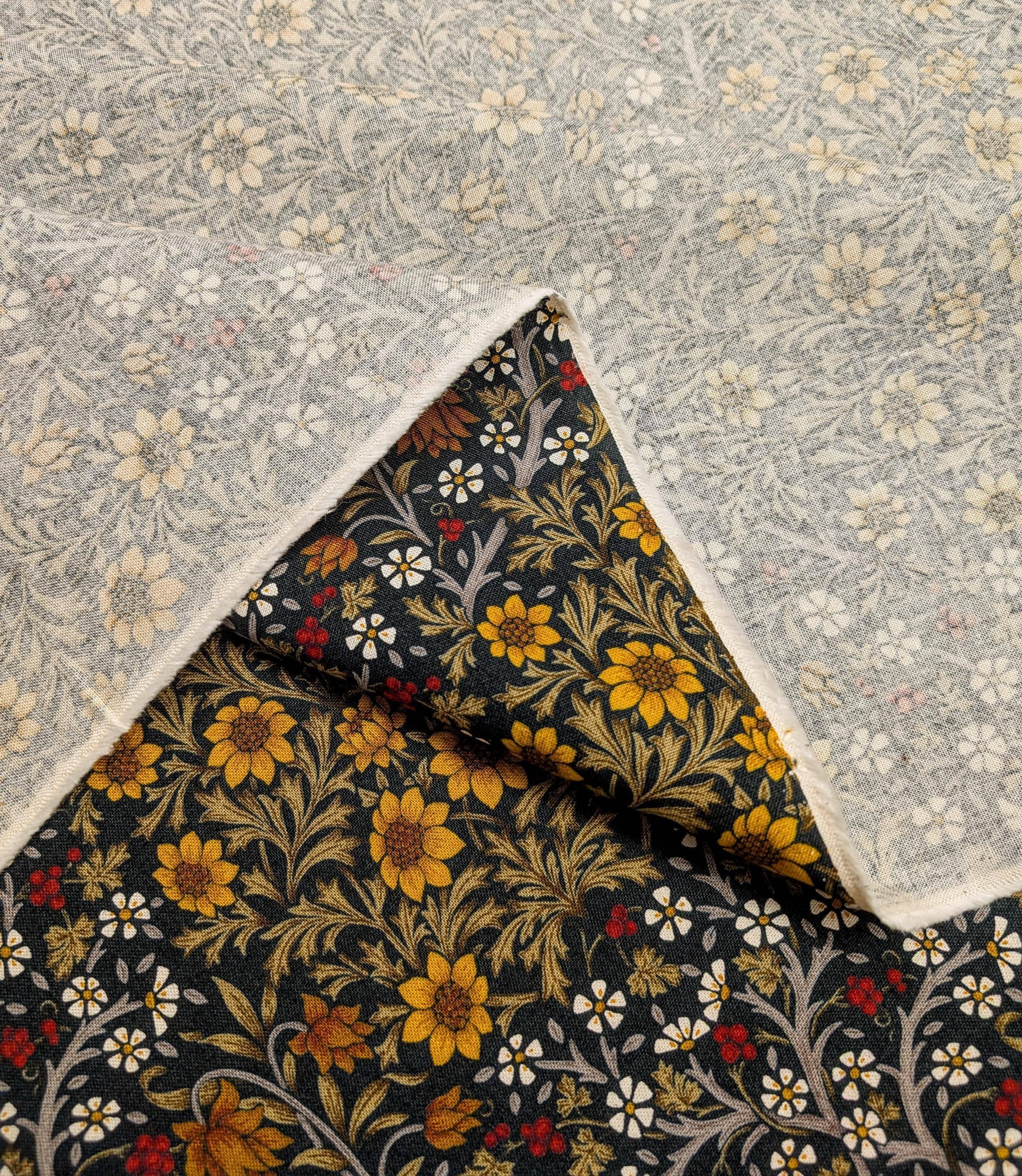 Morris Flower Fields Kobayashi Japanese cotton oxford canvas fabric KTS-6994 D black & yellow