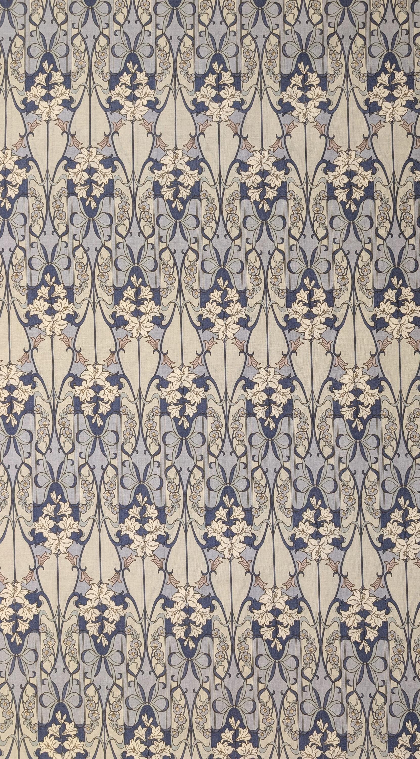 Hokkoh - Nouveau Flower Filigree Cotton Lawn - Medium Blue and Beige