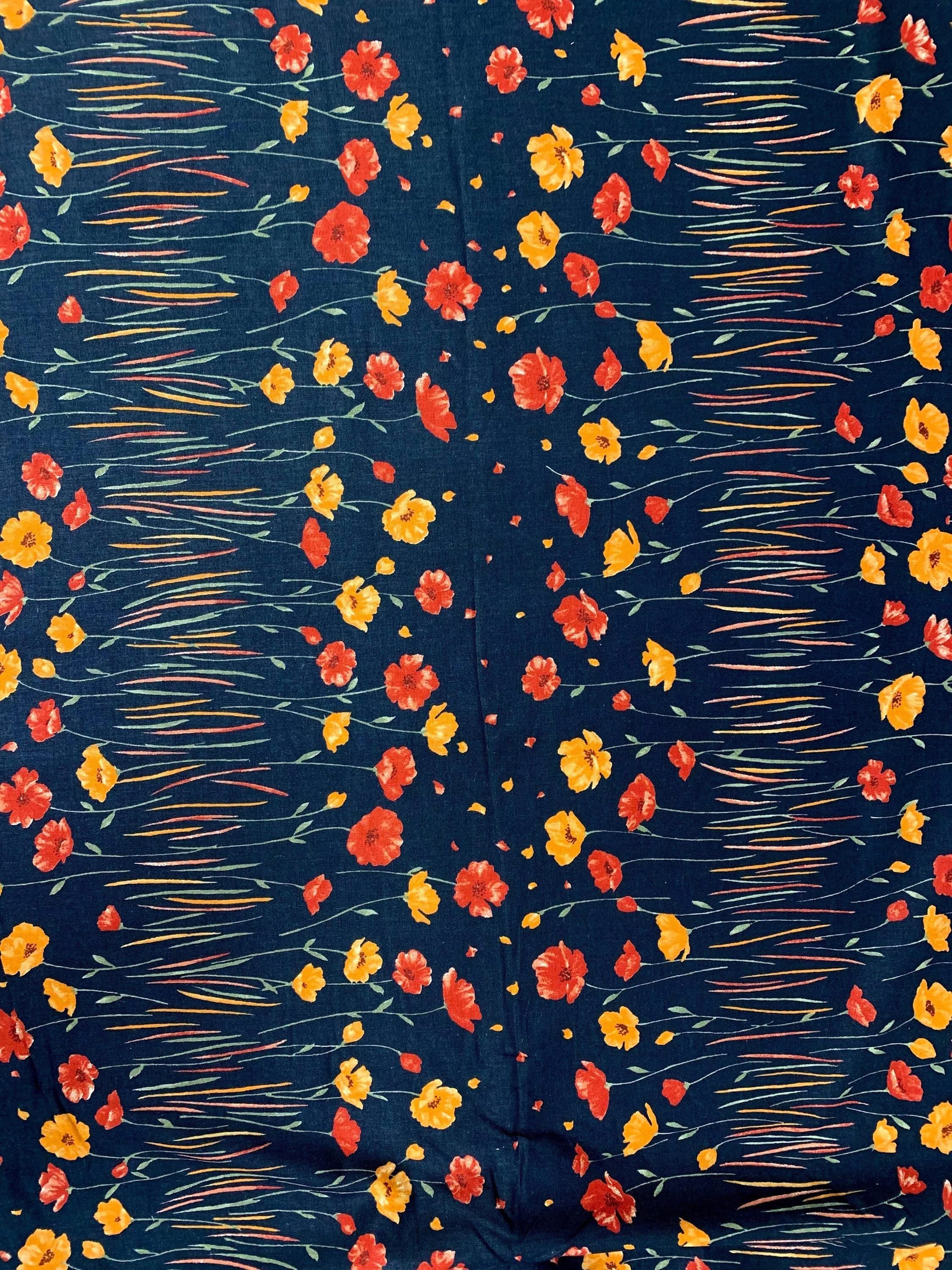 Koizumi - Momen-T Fall Flowers Border Print Cotton/Linen - Black Orange Red