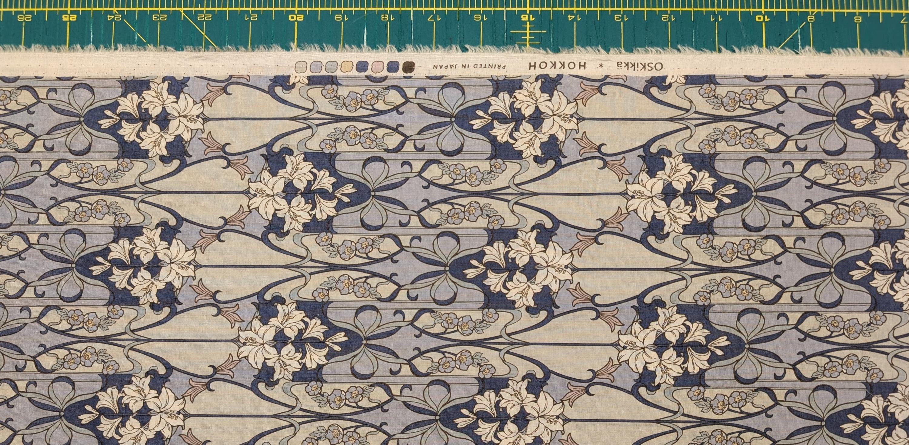 Hokkoh - Nouveau Flower Filigree Cotton Lawn - Medium Blue and Beige
