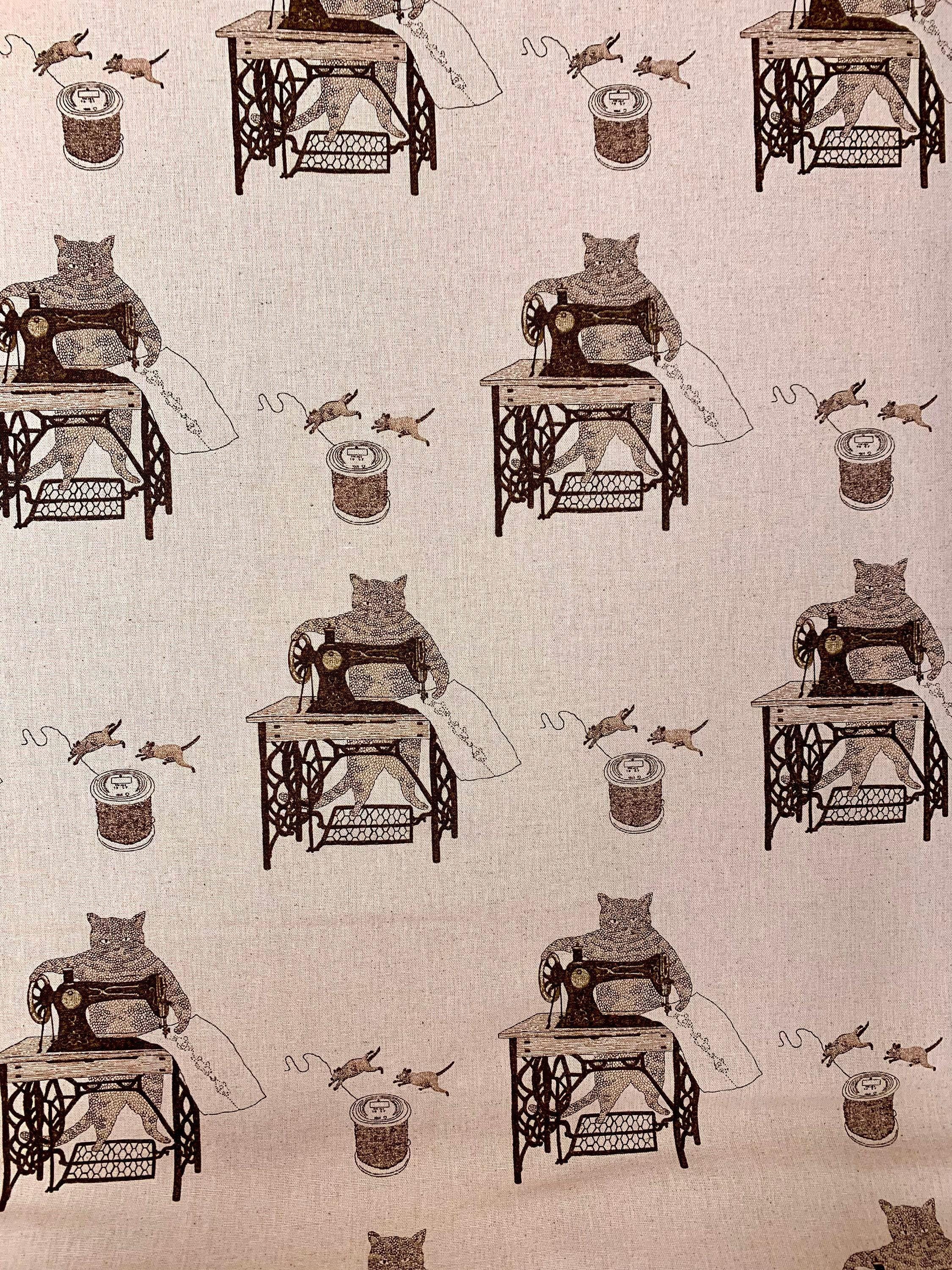 Koizumi - Purr-Fect Stitches Cats with Sewing Machines Cotton/Linen Canvas - Pink Brown
