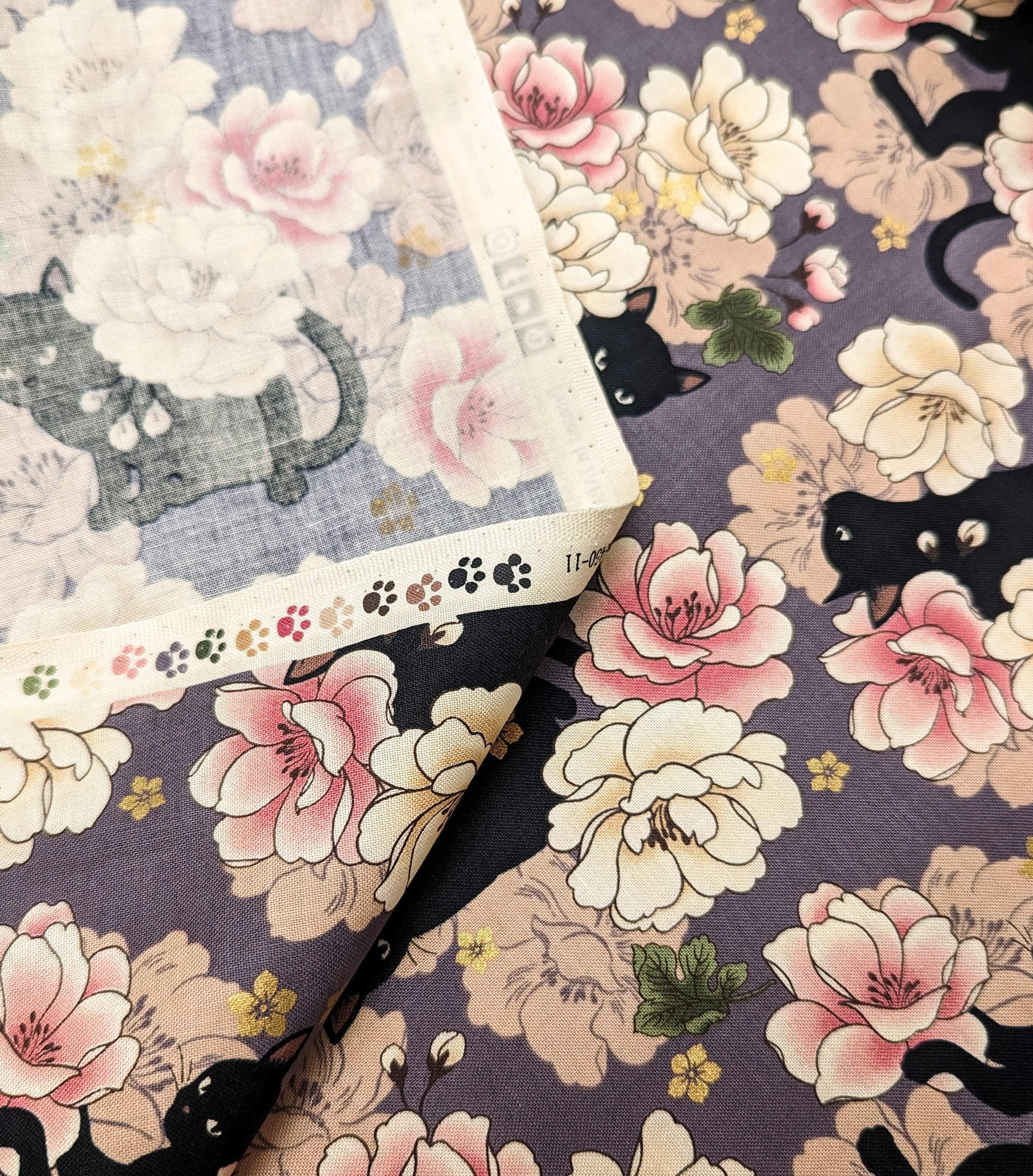 QuiltGate - Hyakka Ryoran Blossoming Cats Cotton Fabric - Purple