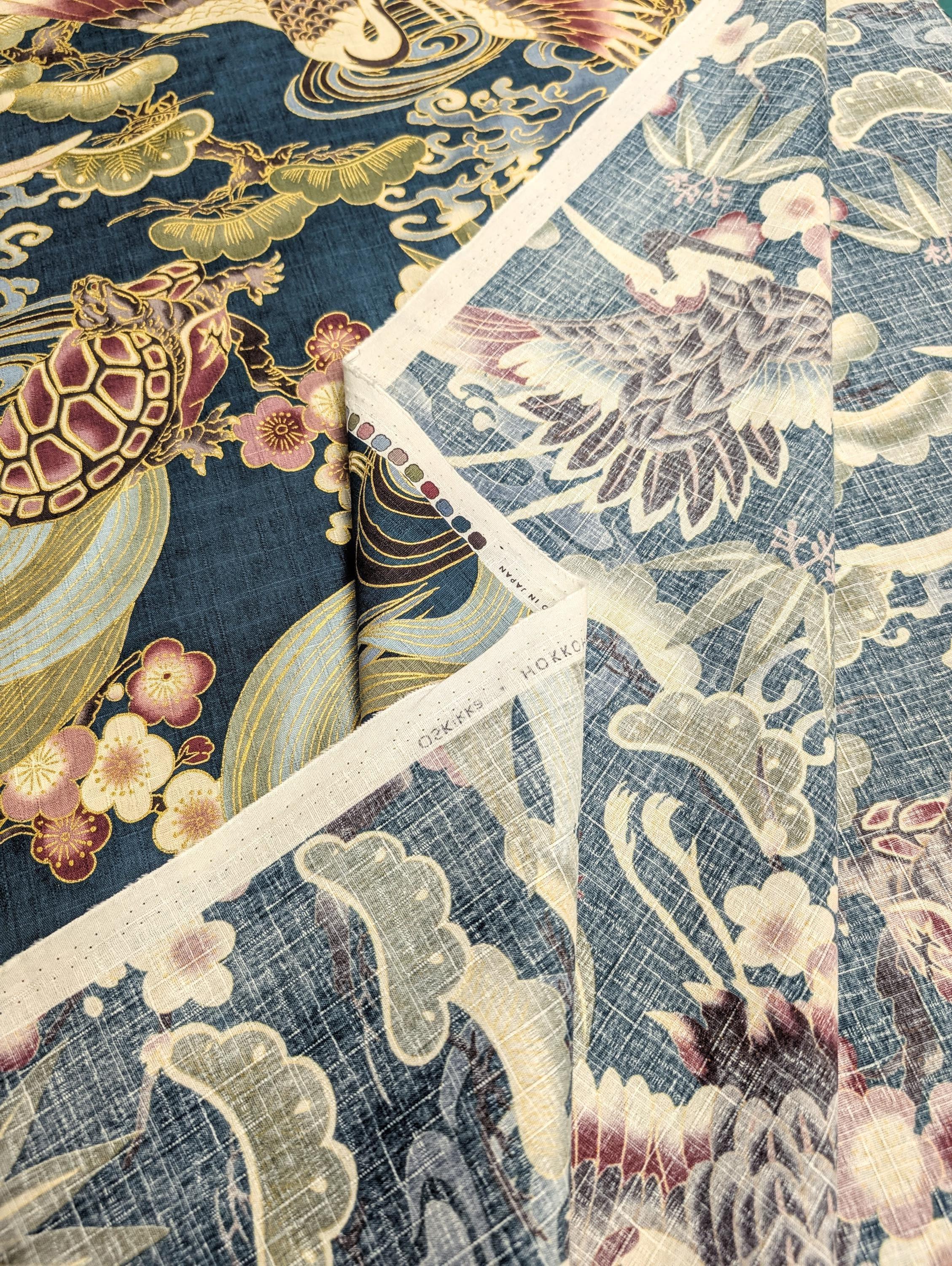 NEW Golden Crane & Minogame Hokkoh Japanese cotton dobby fabric 1025-100-5 C teal