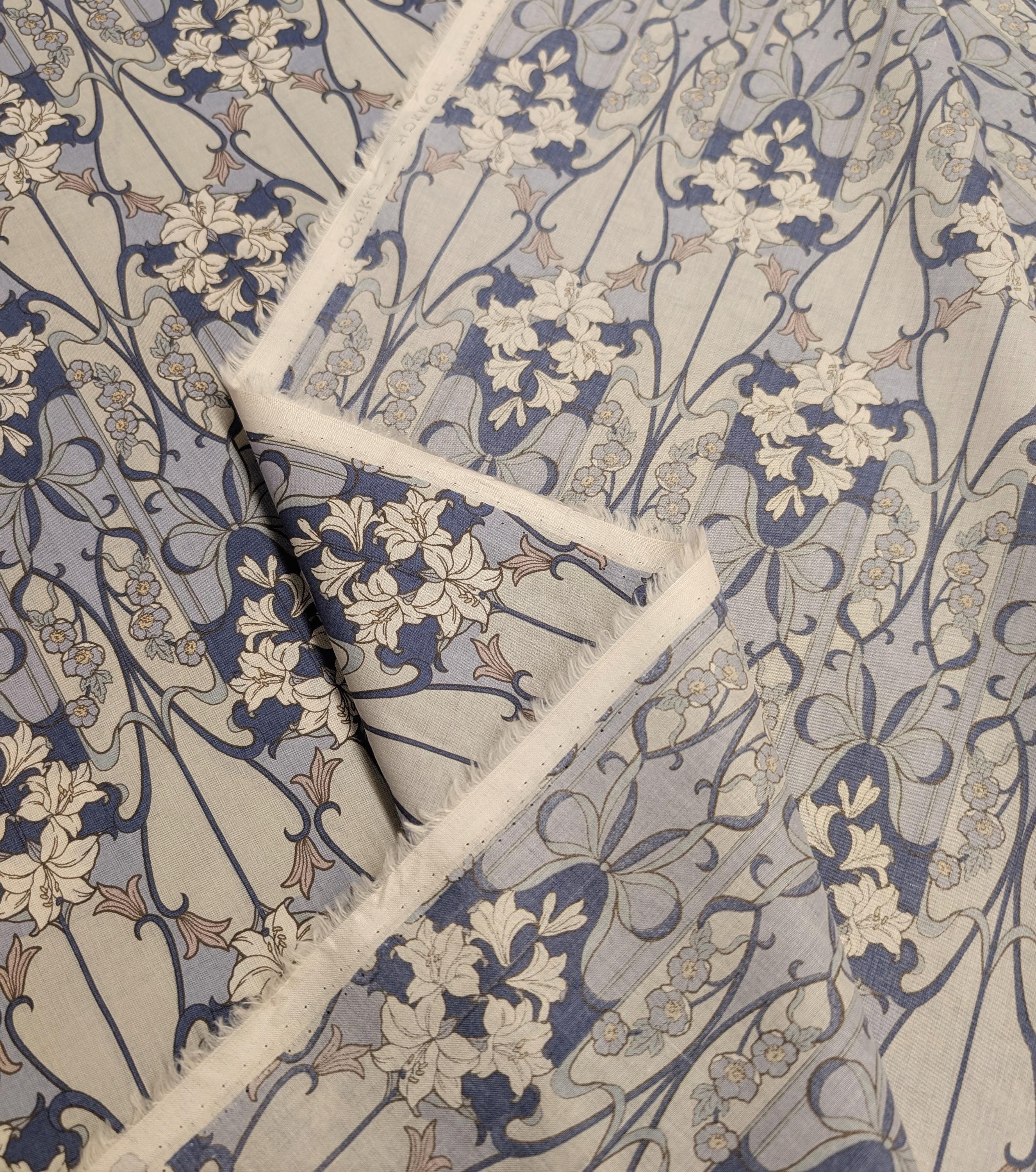 Hokkoh - Nouveau Flower Filigree Cotton Lawn - Medium Blue and Beige