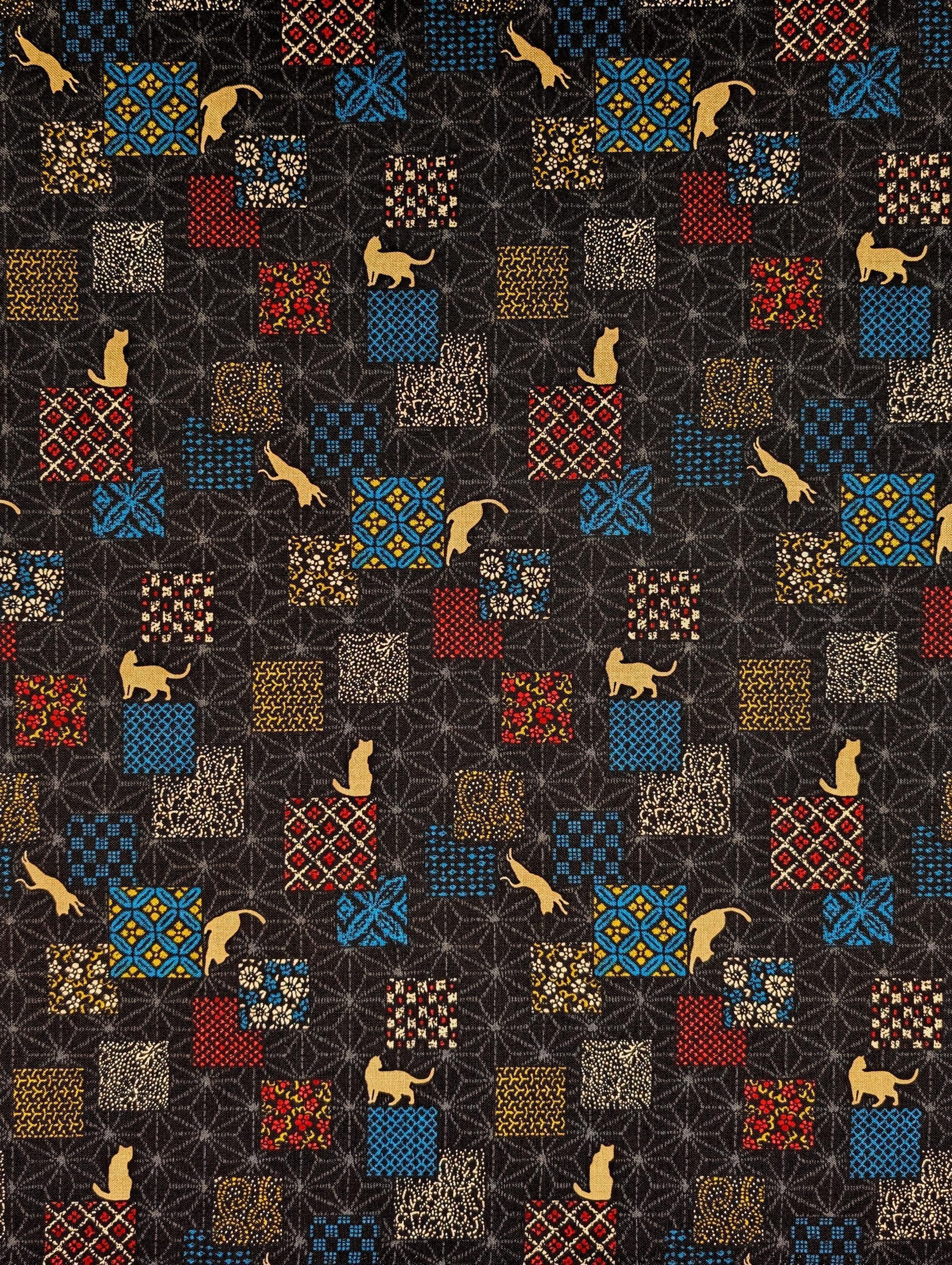 Orimono Imports - Patchwork Cats Cotton Fabric - Black
