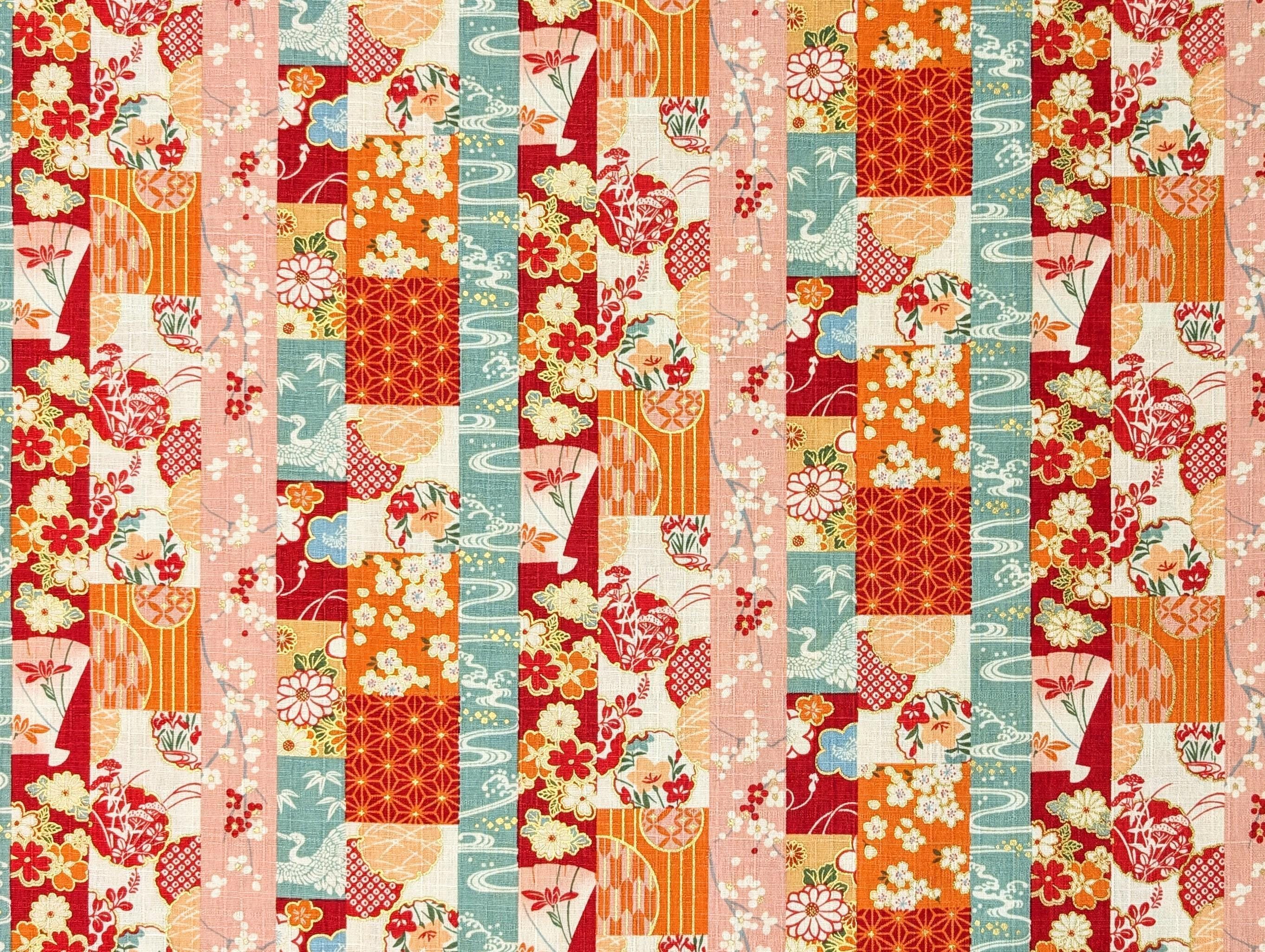 Hokkoh - Striped Fans and Flowers Cotton Dobby - Orange