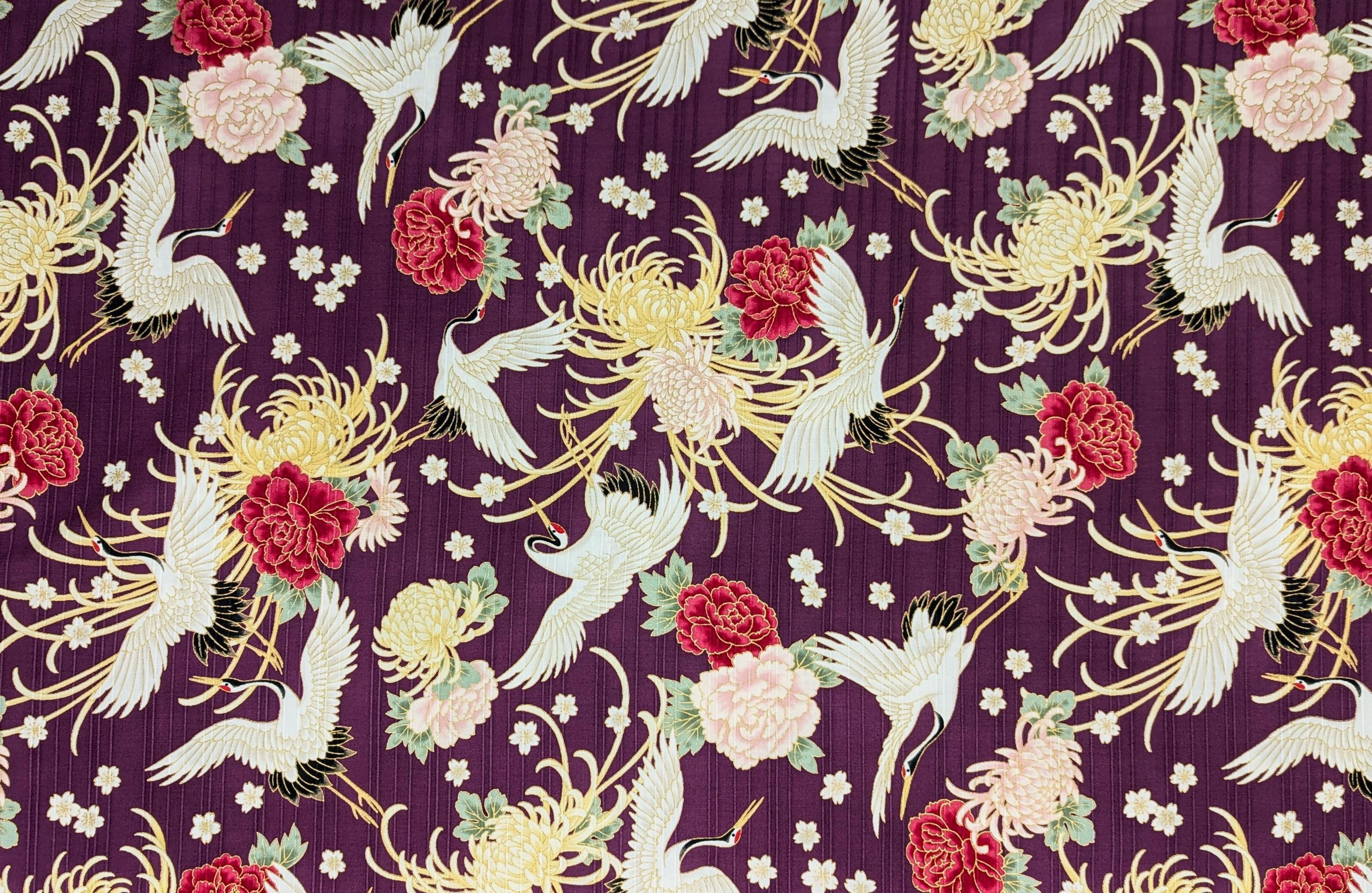 Cosmo - Cranes and Flowers Cotton Shantung - Purple
