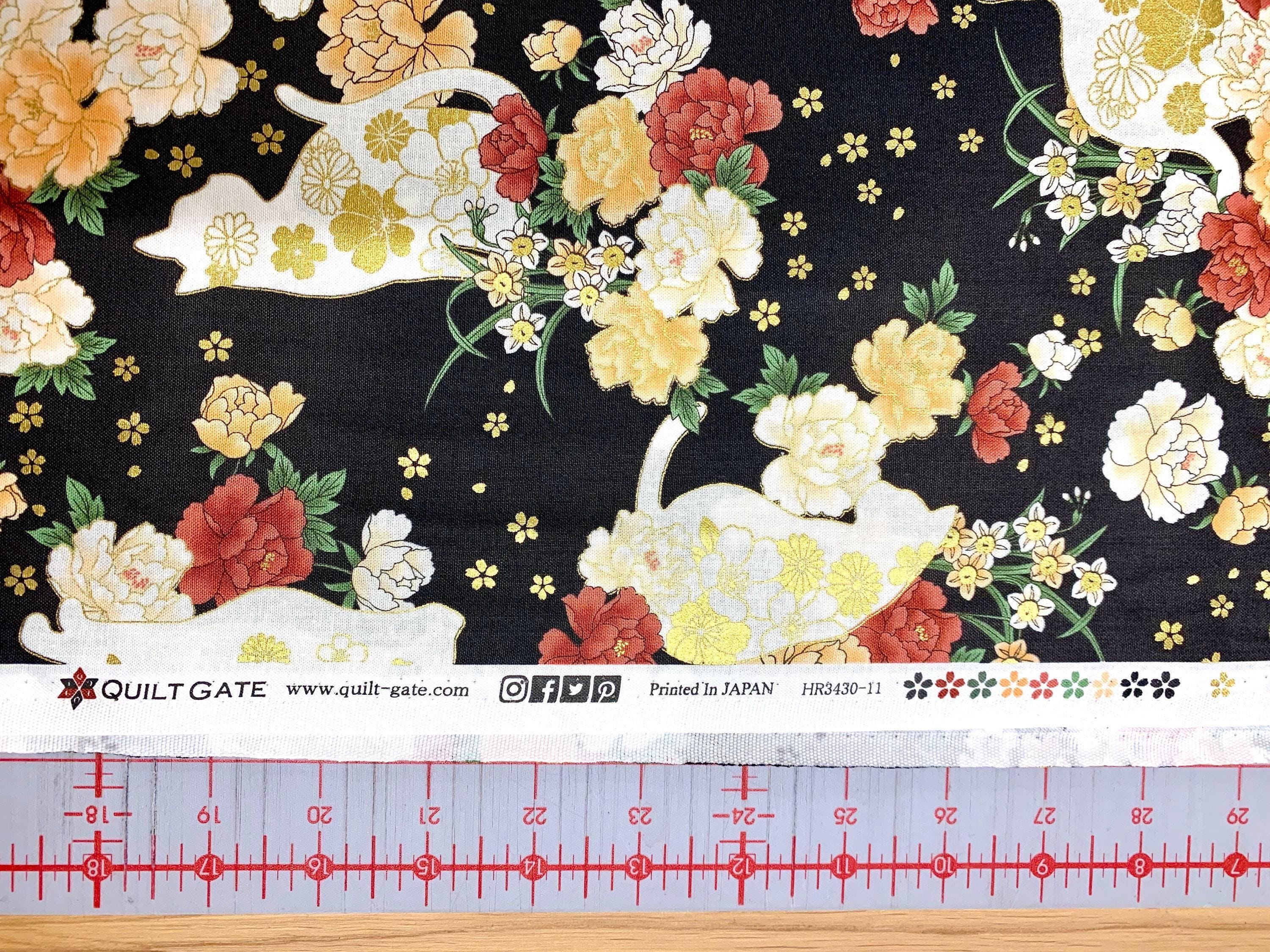 QuiltGate - Hyakka Ryoran Flower Cats Cotton Fabric - Black Burgundy Green Gold