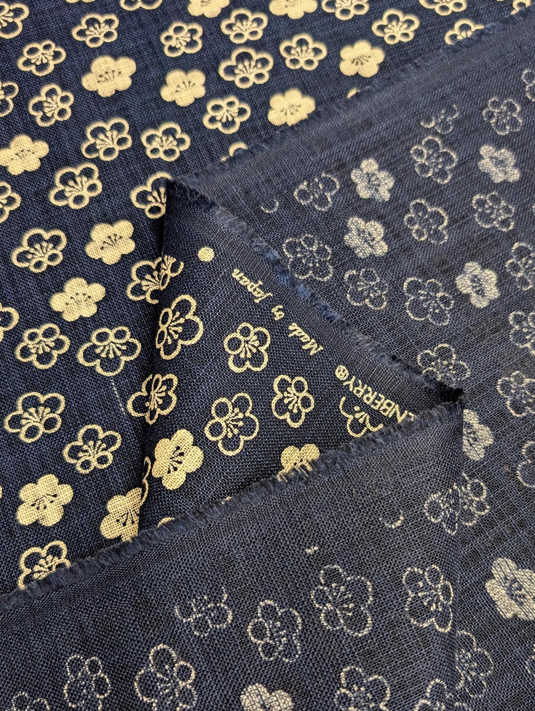 Sevenberry - Plum Blossom Cotton Fabric - Navy Blue Beige