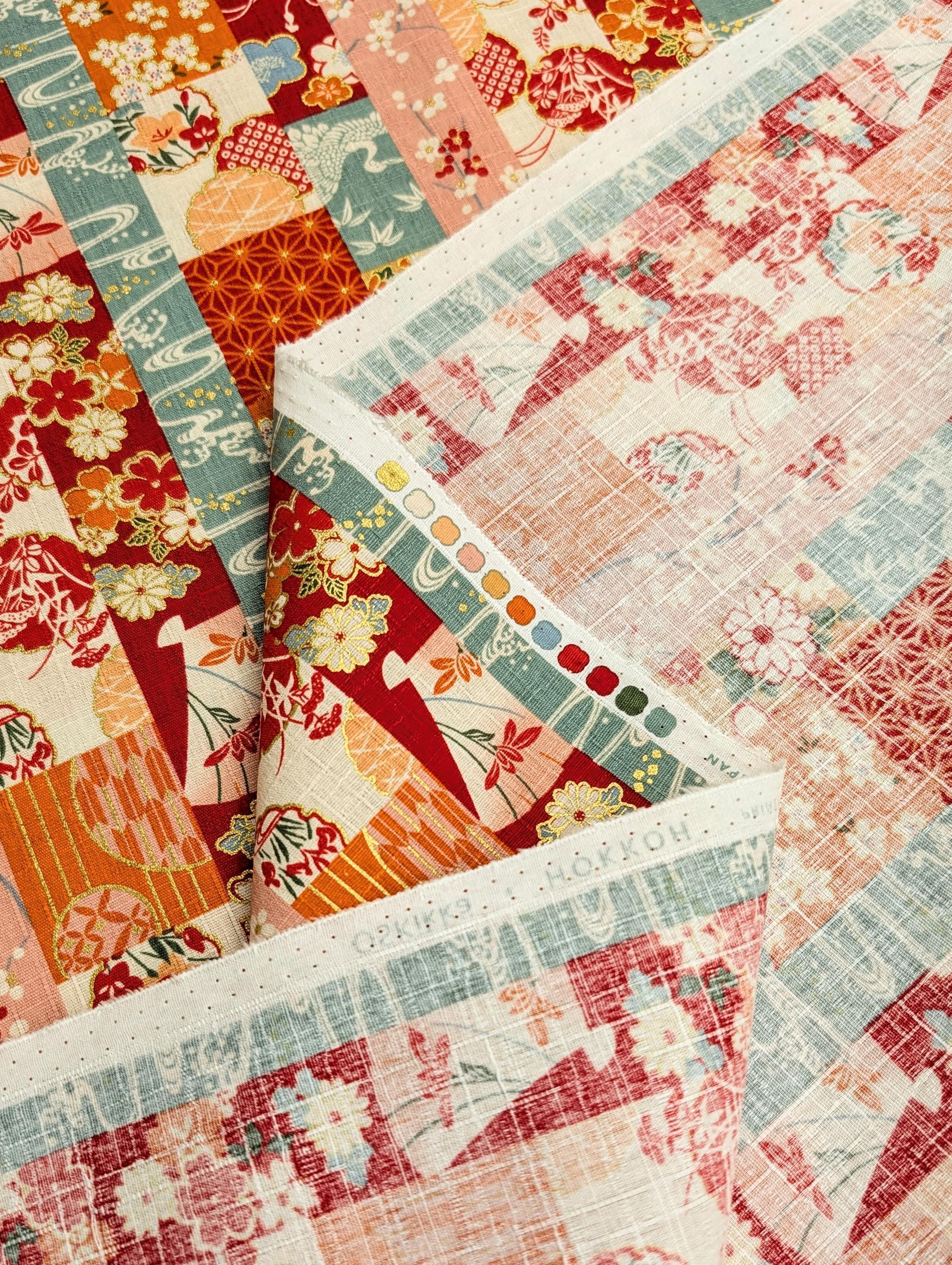 Hokkoh - Striped Fans and Flowers Cotton Dobby - Orange