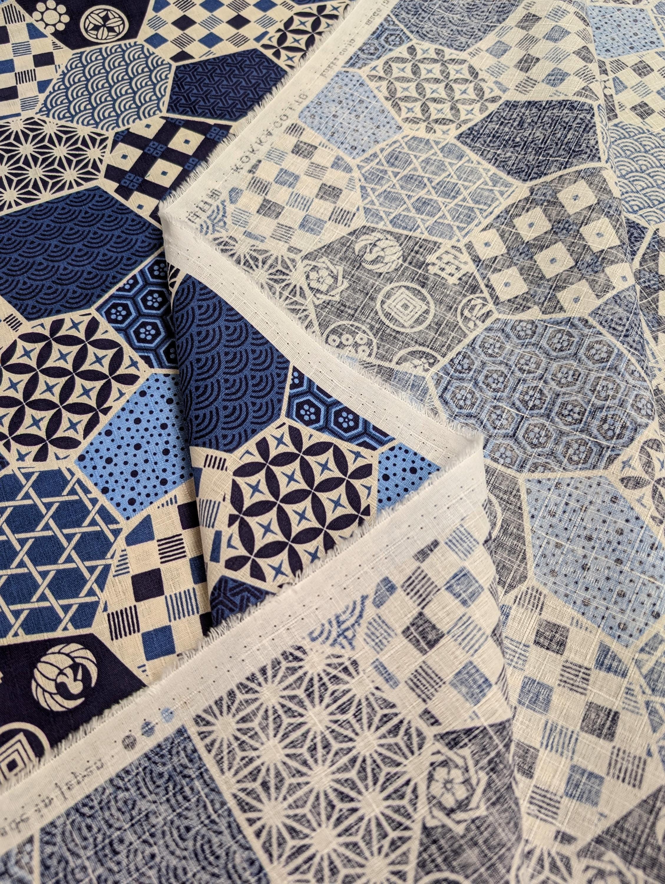 Kokka - Crested Patchwork Cotton Dobby - Blues and White