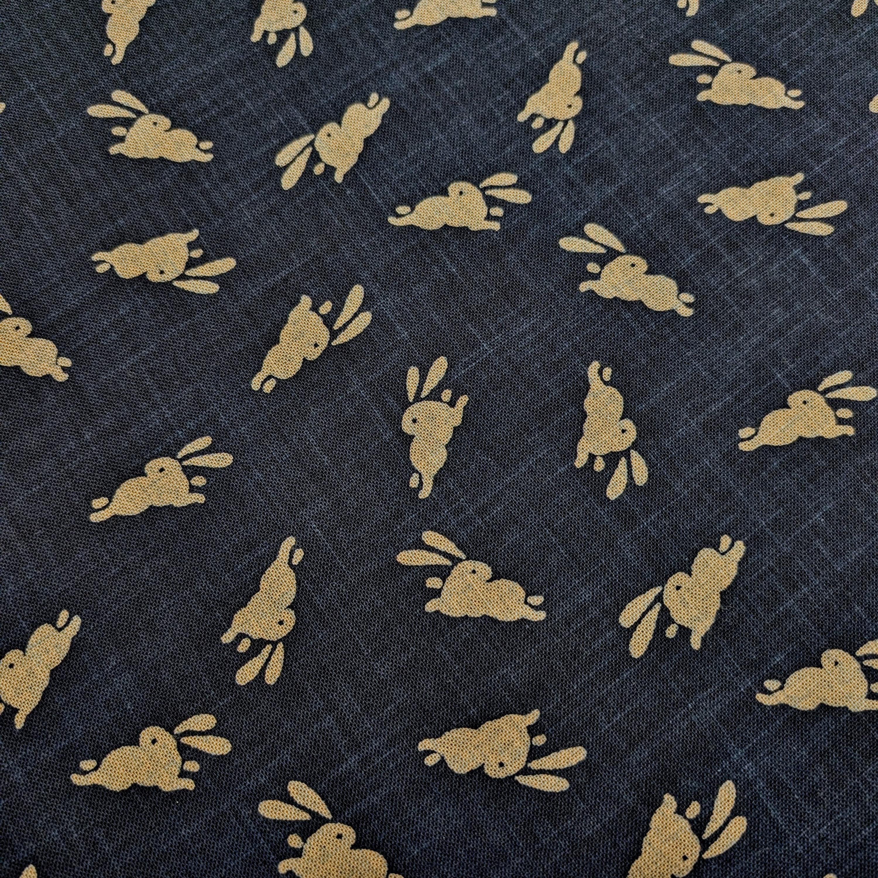 Bouncing Bunnies hand stenciled Japanese cotton fabric KP7090-95 A blue - half yard