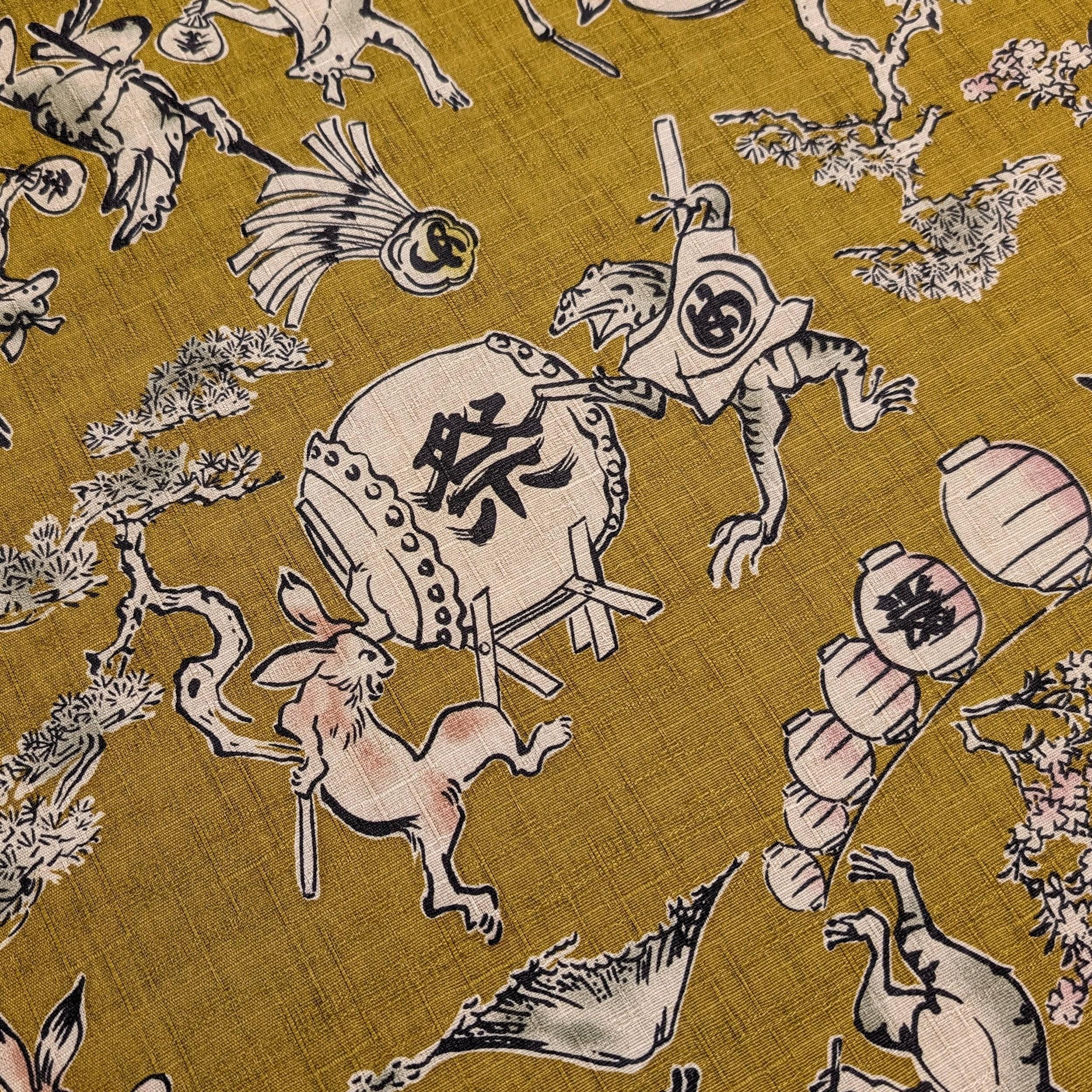 NEW Taiko Animals Hokkoh Japanese cotton dobby fabric 1024-130-4 B mustard