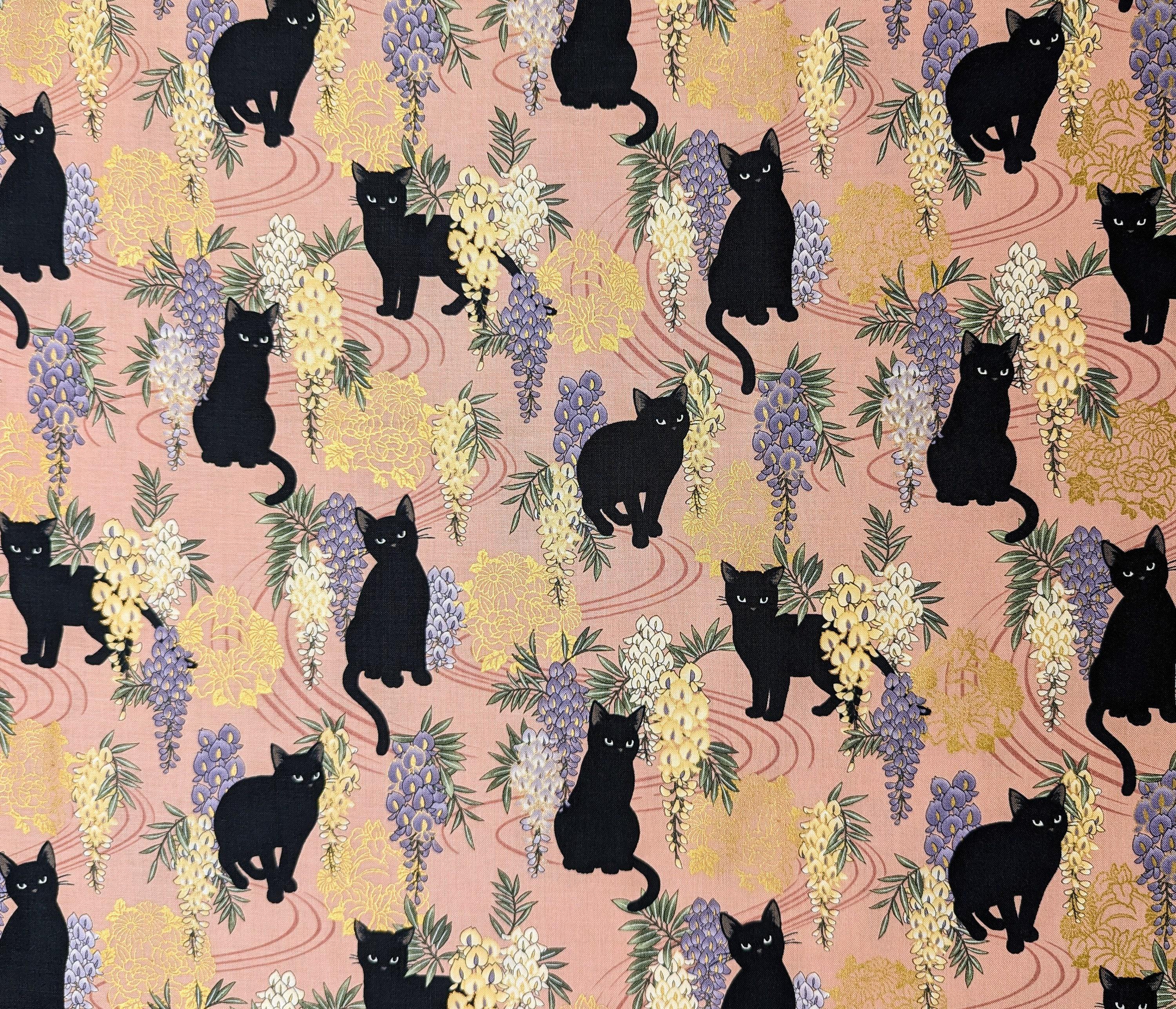 QuiltGate - Hyakka Ryoran Cats and Wisteria Cotton Fabric - Pink
