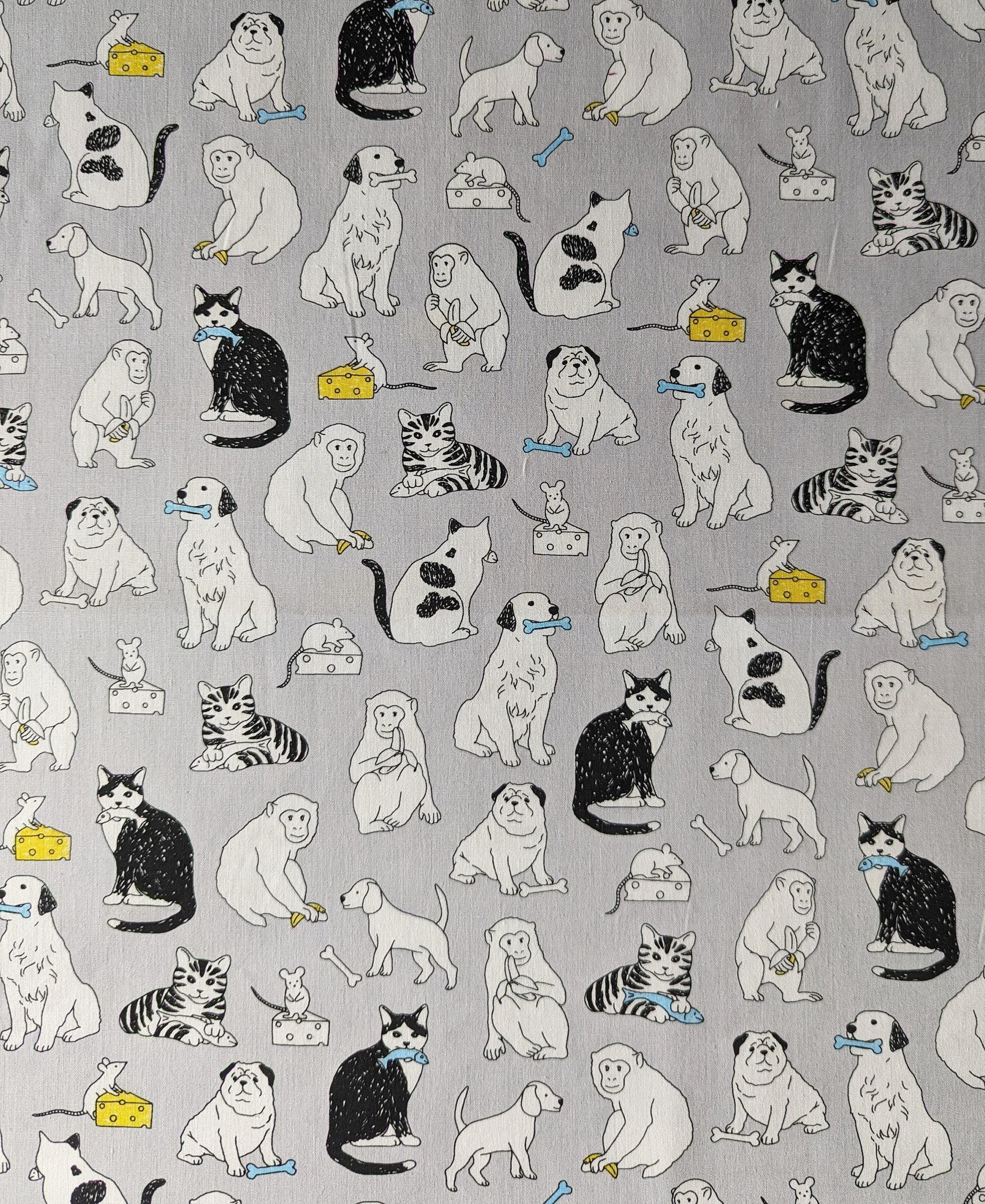 Sevenberry - Cats Dogs Mice and Monkeys Cotton Fabric - Gray
