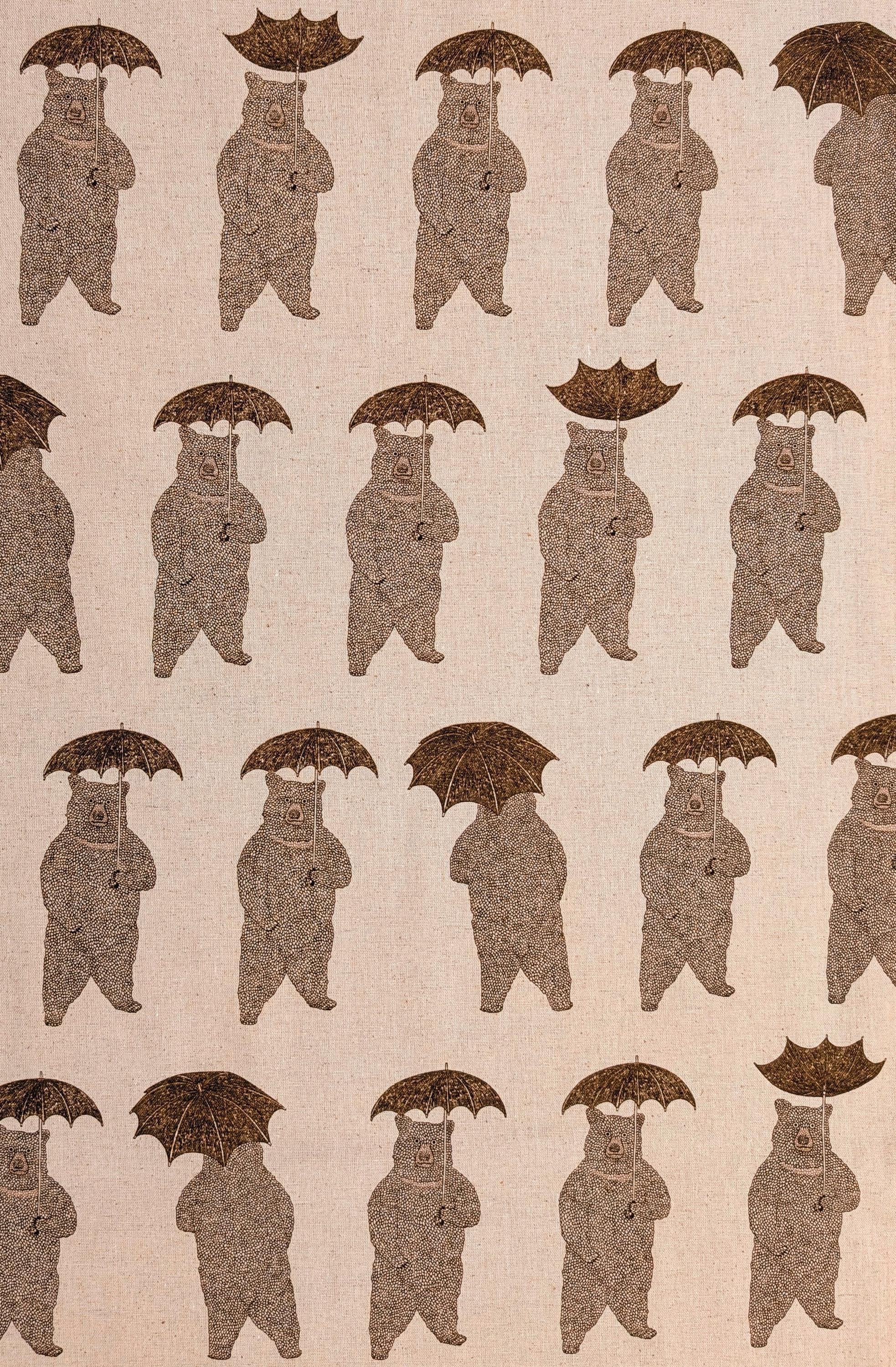 Koizumi - Bear-Able Weather Bears with Umbrellas Cotton/Linen Canvas - Beige Brown