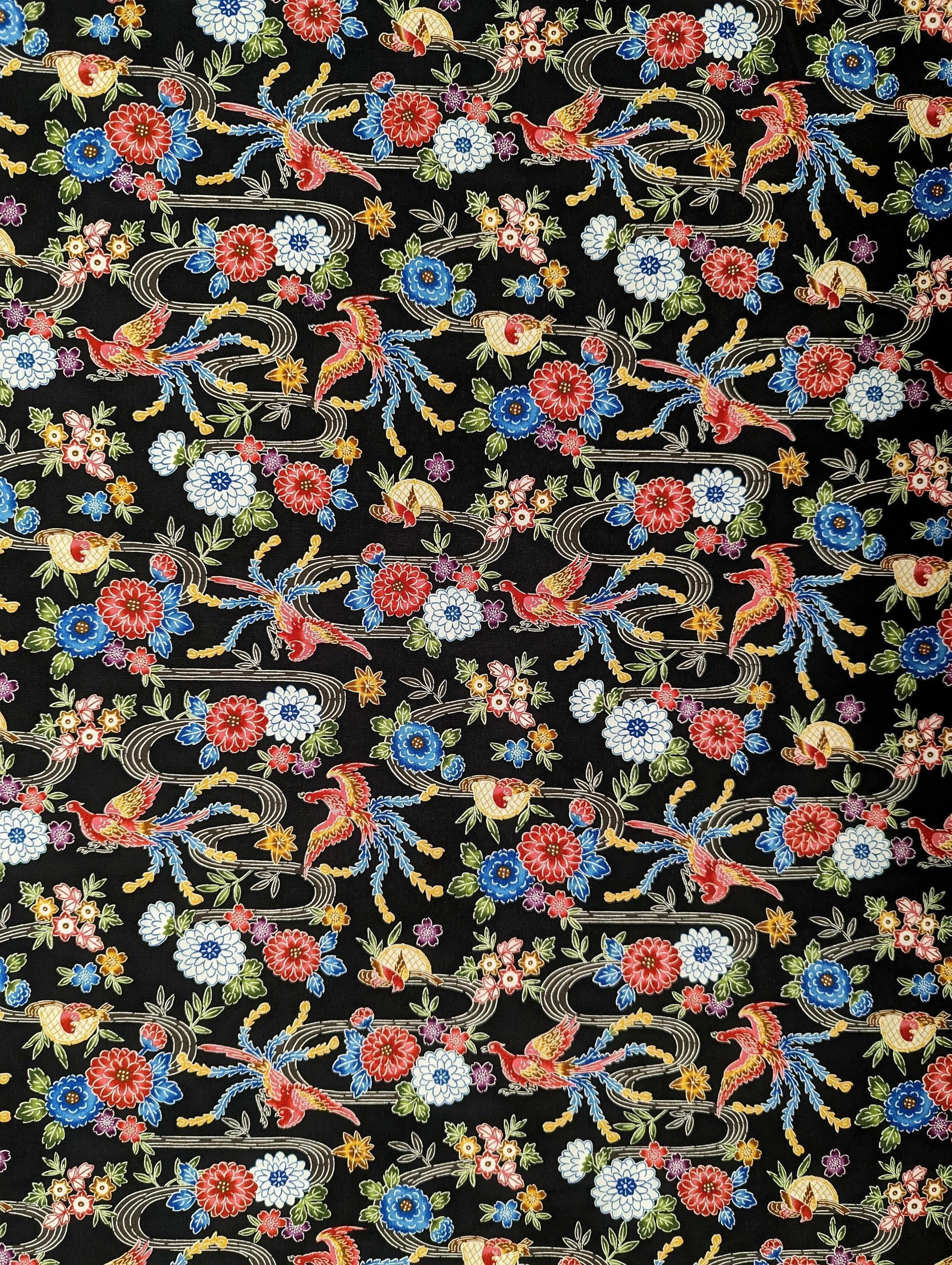 Cosmo - Bingata Phoenix and Flowers Cotton - Black